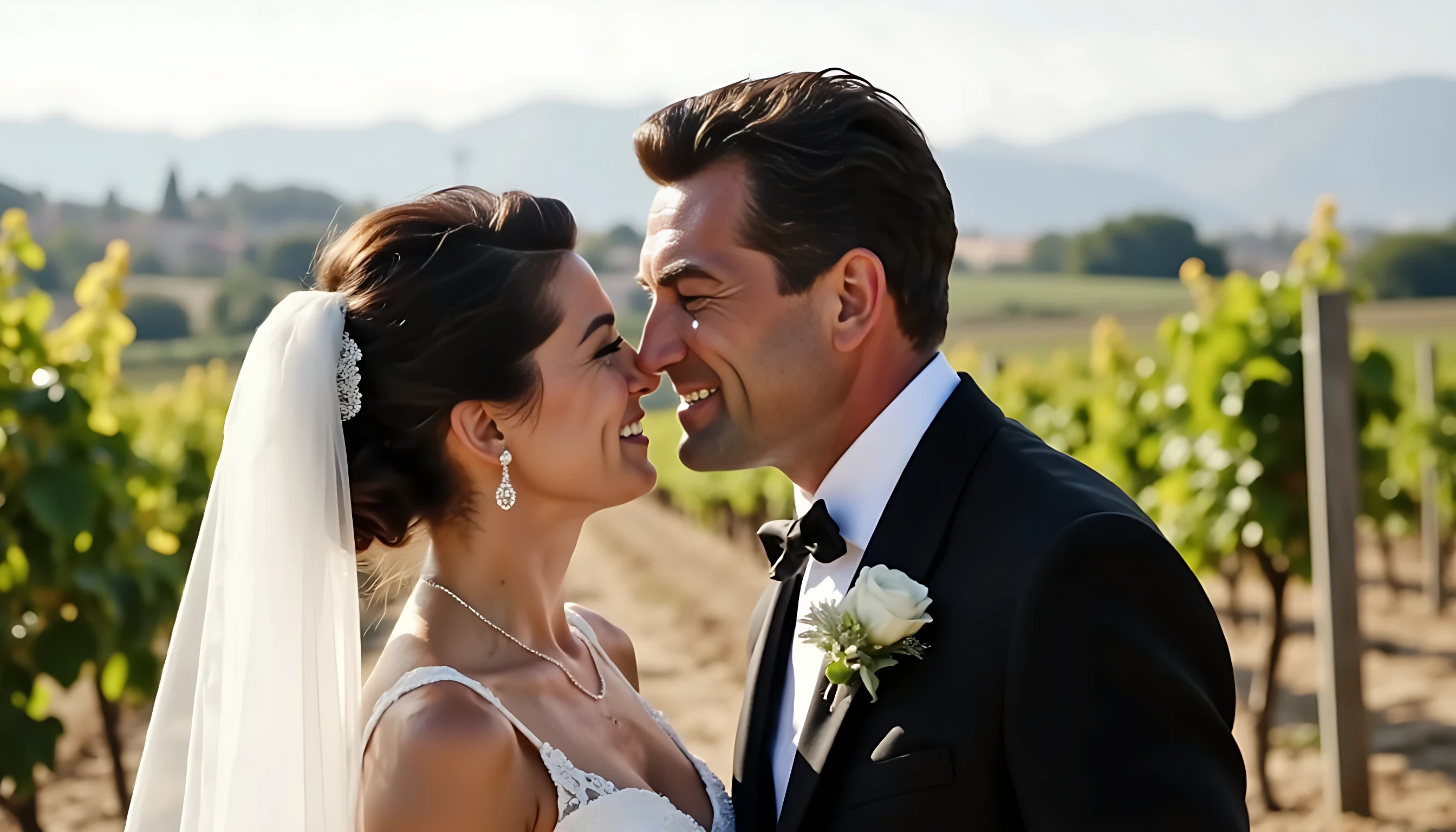 8K ultra detailed photography. The photo is a wedding photography of a 25 years old man CSTMDL, and is beautiful french brunette girl. Scene is in 2002. He's smiling, short black hair. He wears a wedding tuxedo. Scene is set in the middle of a wineyard