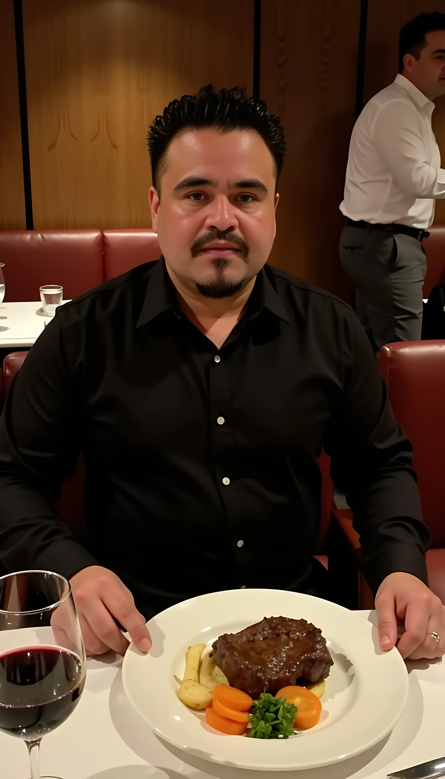 Man average body wearing a  black dress shirt seating on a table of fancy restaurants with low lights  with a plate of steak and vegetables  and a glass of wine 