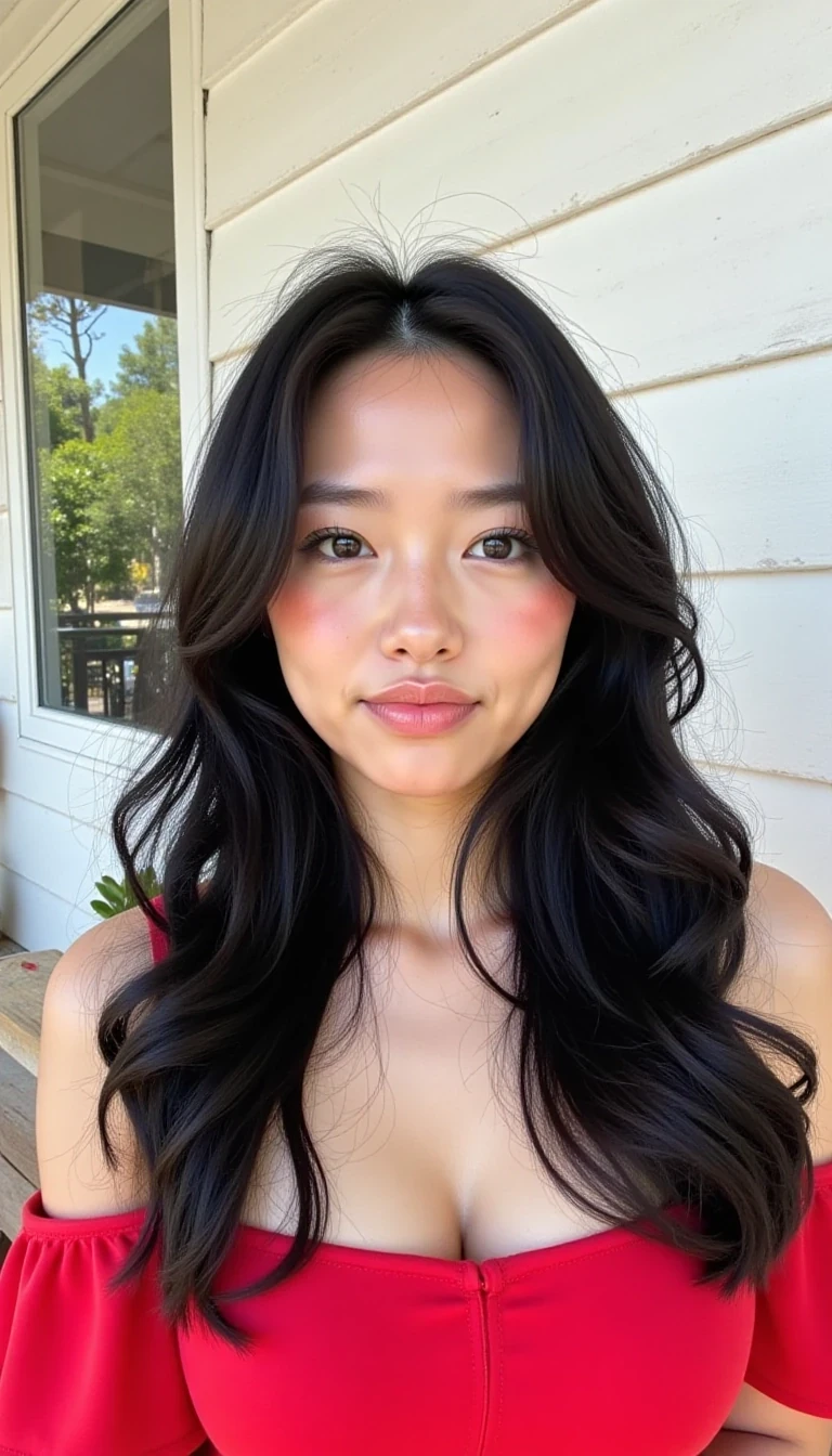 This is a high-resolution photograph of amy with a fair complexion, long wavy blacl hair cascading over her shoulders, and striking brown eyes. She has a natural, makeup-free look giving her a youthful and fresh appearance. Her full lips are slightly parted, with a neutral expression. She is wearing an off-the-shoulder red dress that highlights her medium sized cleavage. The background features a white wooden house with horizontal siding and a large window, partially visible on the left side of the image. Outside the window, lush green foliage is visible, suggesting a serene, natural setting. The photograph captures a moment of casual elegance, with the woman's relaxed pose and the soft lighting enhancing the natural beauty of the scene. The overall composition and focus on the woman's face and upper body create a harmonious blend of natural and intimate portraiture.