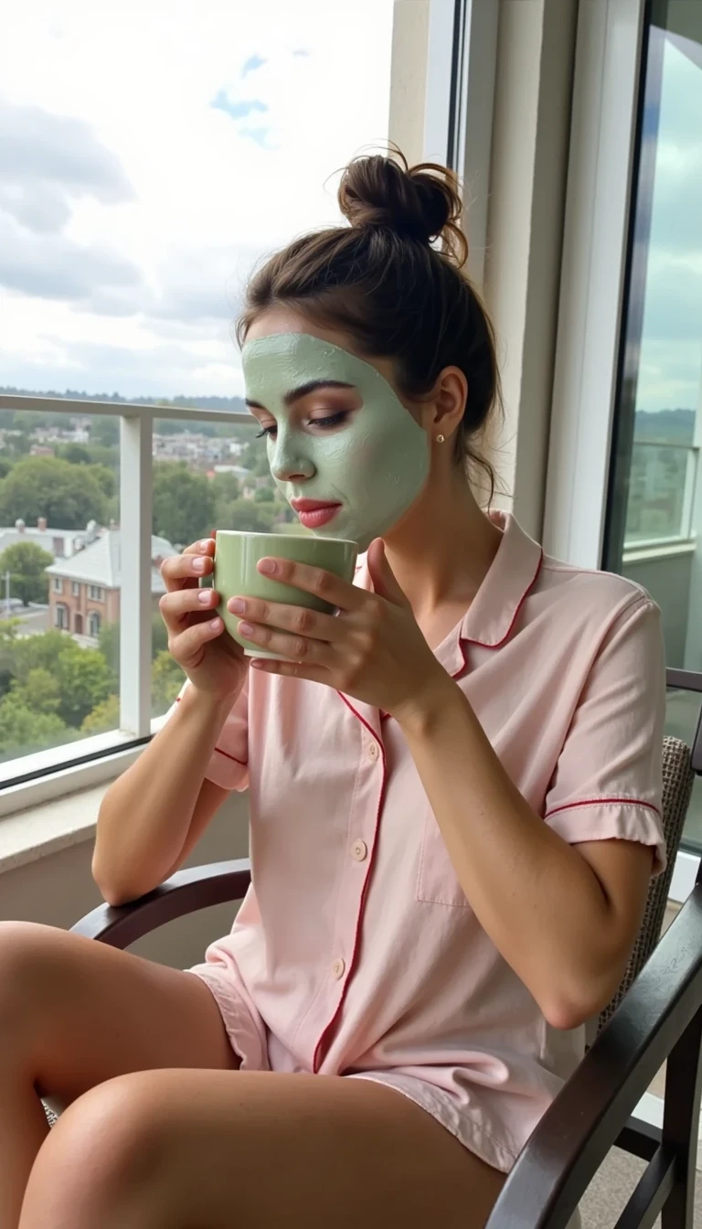  Very low quality Snapchat photo circa 2015,  of CSTMDL woman brown hair tied up into a messy bun wearing a cute short pyjama morning on balcony sitting wearing hydrating white facemasks drinking green  coloured matcha 
