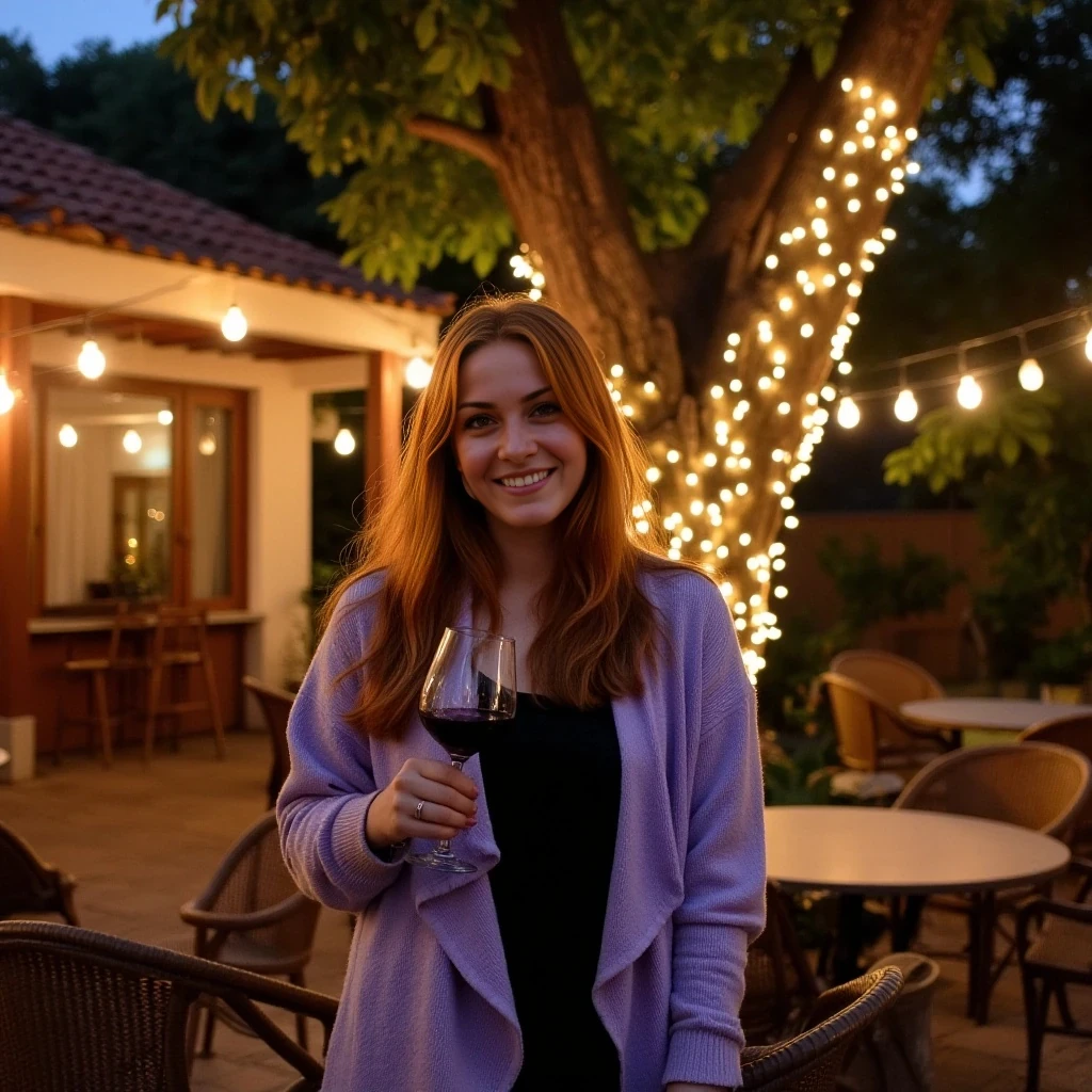 A full body shot photo of a woman standing outdoors at a cozy, warmly lit patio in the evening, with soft, glowing lights wrapped around a tree behind them creating a charming atmosphere. The image is rich in detail, with warm tones and clear textures throughout. The woman has fair skin, a slim build, and long reddish-blonde hair, also worn loose. She is smiling warmly at the camera, holding a glass of red wine in her right hand, and wears a soft-textured lavender cardigan over a black top. The background features a large tree with sparkling string lights wrapped around its trunk and branches, adding a magical touch to the scene. The setting suggests a private outdoor seating area, with elements like terracotta-tiled roofing, greenery, and rattan chairs contributing to a serene, inviting vibe. The overall composition is balanced, with the woman framed against the softly glowing tree, and the lighting enhances the warm, intimate feel of a quiet evening shared among friends. The details are vivid, with textures of clothing, skin, and background elements clearly visible, while the warm lighting creates a relaxed and joyful mood