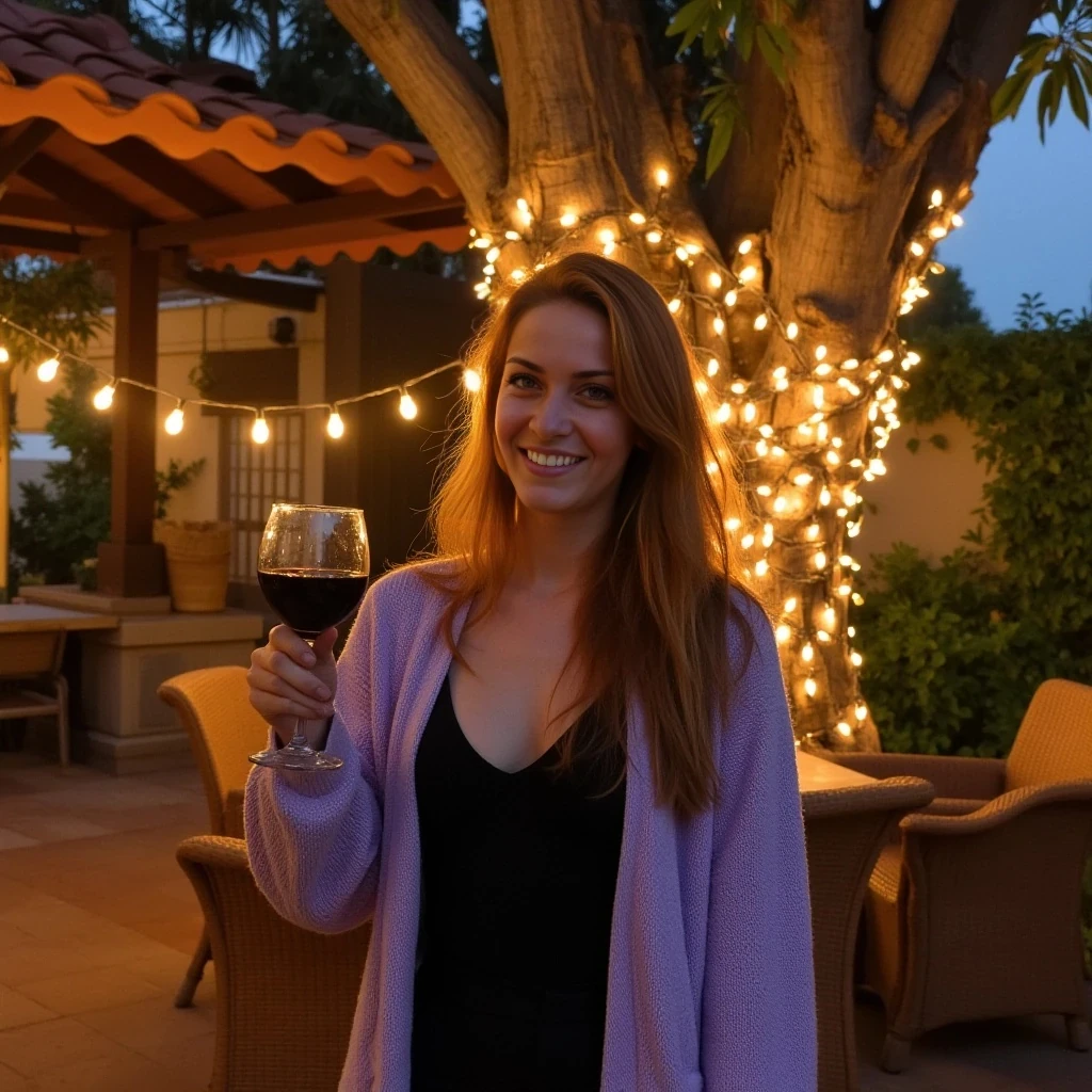 A full body shot photo of a woman standing outdoors at a cozy, warmly lit patio in the evening, with soft, glowing lights wrapped around a tree behind them creating a charming atmosphere. The image is rich in detail, with warm tones and clear textures throughout. The woman has fair skin, a slim build, and long reddish-blonde hair, also worn loose. She is smiling warmly at the camera, holding a glass of red wine in her right hand, and wears a soft-textured lavender cardigan over a black top. The background features a large tree with sparkling string lights wrapped around its trunk and branches, adding a magical touch to the scene. The setting suggests a private outdoor seating area, with elements like terracotta-tiled roofing, greenery, and rattan chairs contributing to a serene, inviting vibe. The overall composition is balanced, with the woman framed against the softly glowing tree, and the lighting enhances the warm, intimate feel of a quiet evening shared among friends. The details are vivid, with textures of clothing, skin, and background elements clearly visible, while the warm lighting creates a relaxed and joyful mood