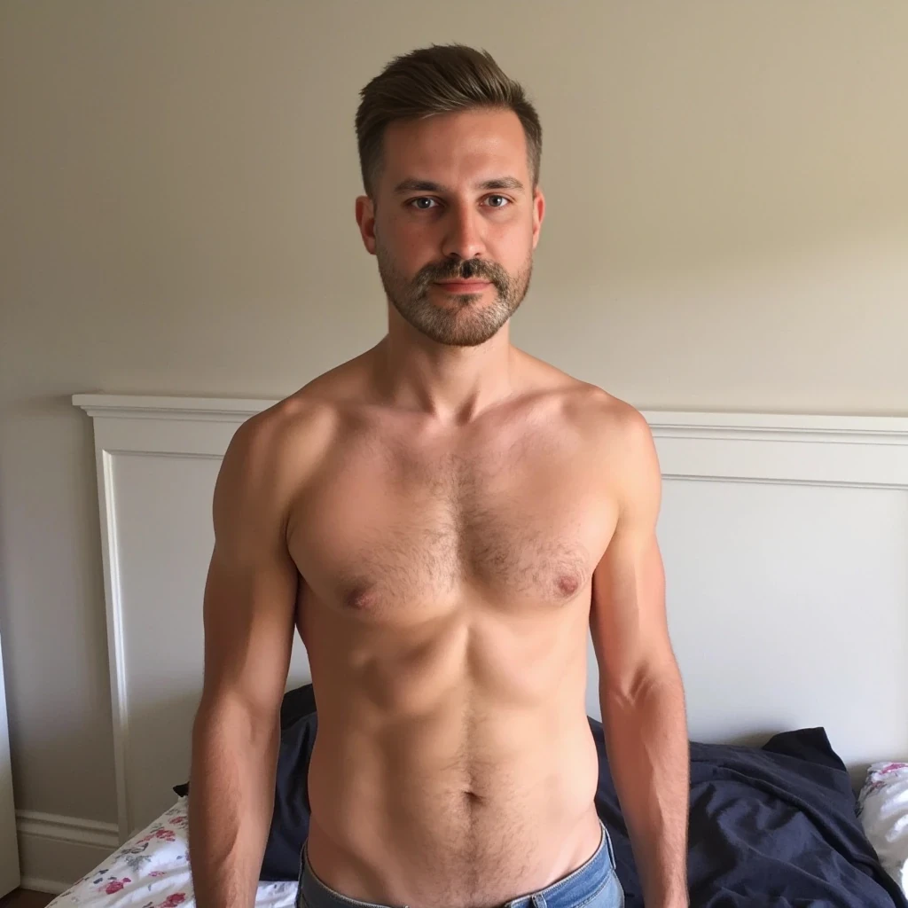 boring low quality snapchat photo circa 2015, cute man, soft light brown hair, standing, full body. exact same haircut. Slim but muscular build, with a beard like in the photo but more neatly groomed. Same haircut as in the attached photo.