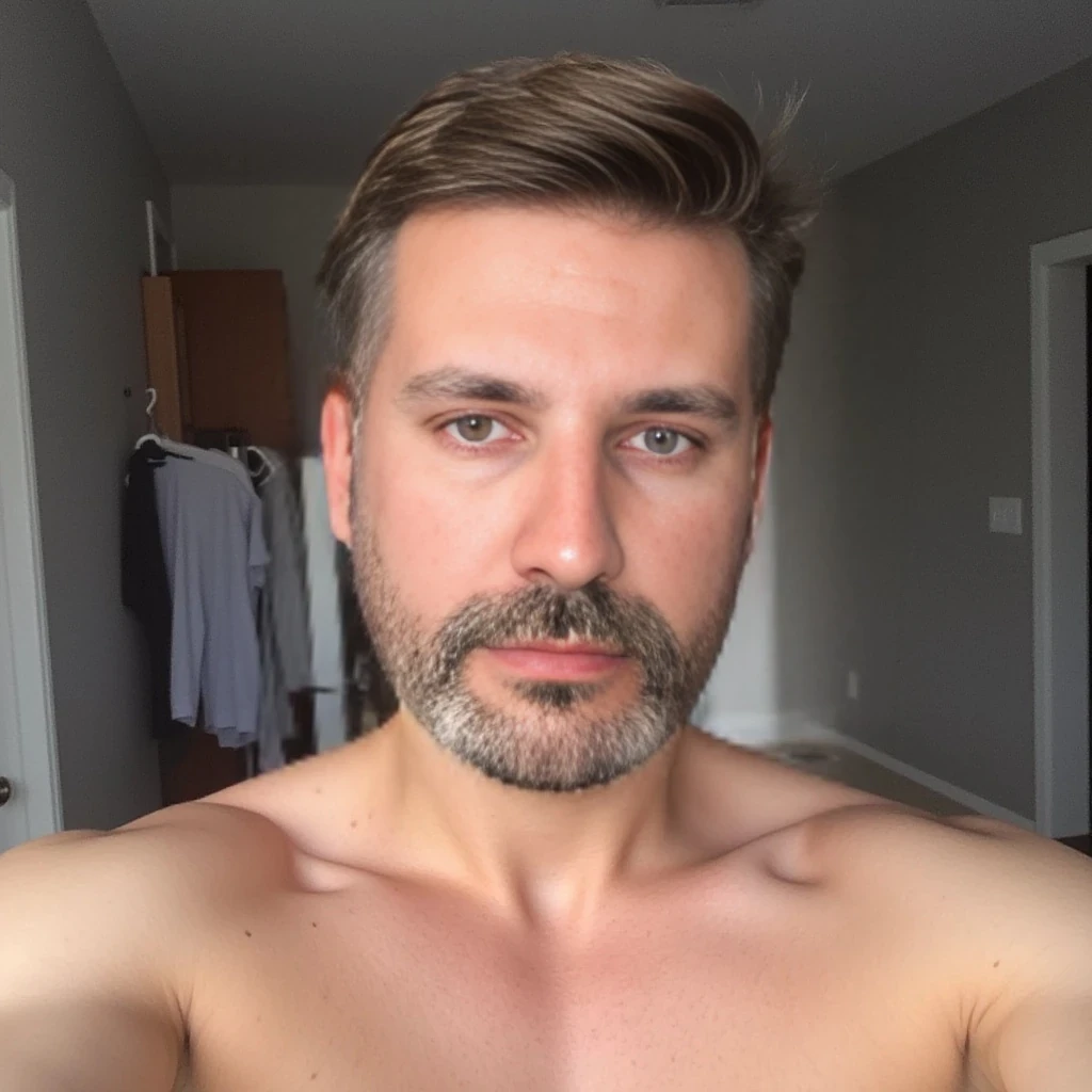boring low quality snapchat photo circa 2015, cute man, soft light brown hair, standing, full body. exact same haircut. Slim but muscular build, with a beard like in the photo but more neatly groomed. Same haircut as in the attached photo.