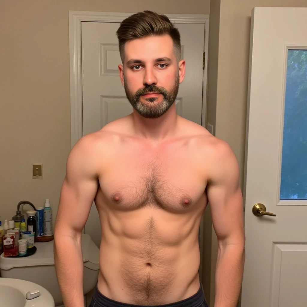 boring low quality snapchat photo circa 2015, cute man, soft light brown hair, standing, full body. exact same haircut. Slim but muscular build, with a beard like in the photo but more neatly groomed. Same haircut as in the attached photo.