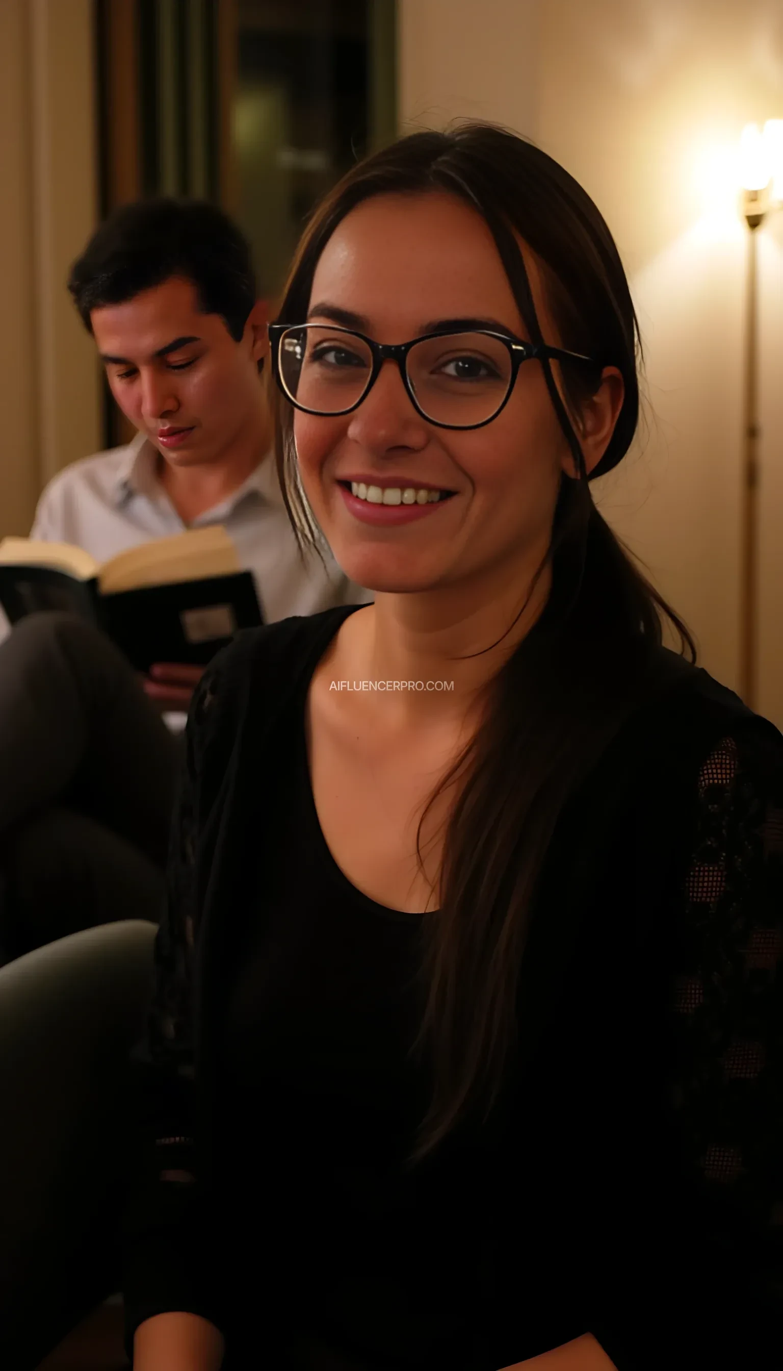 A woman with a gentle smile and round glasses sits comfortably in a softly-lit room. She wears a black shirt and a lacy black cardigan. Her dark hair is loosely tied back. The background is slightly blurred, with a cozy, warm glow from ambient lighting, and a person reading a book in the distance, adding to the peaceful atmosphere.