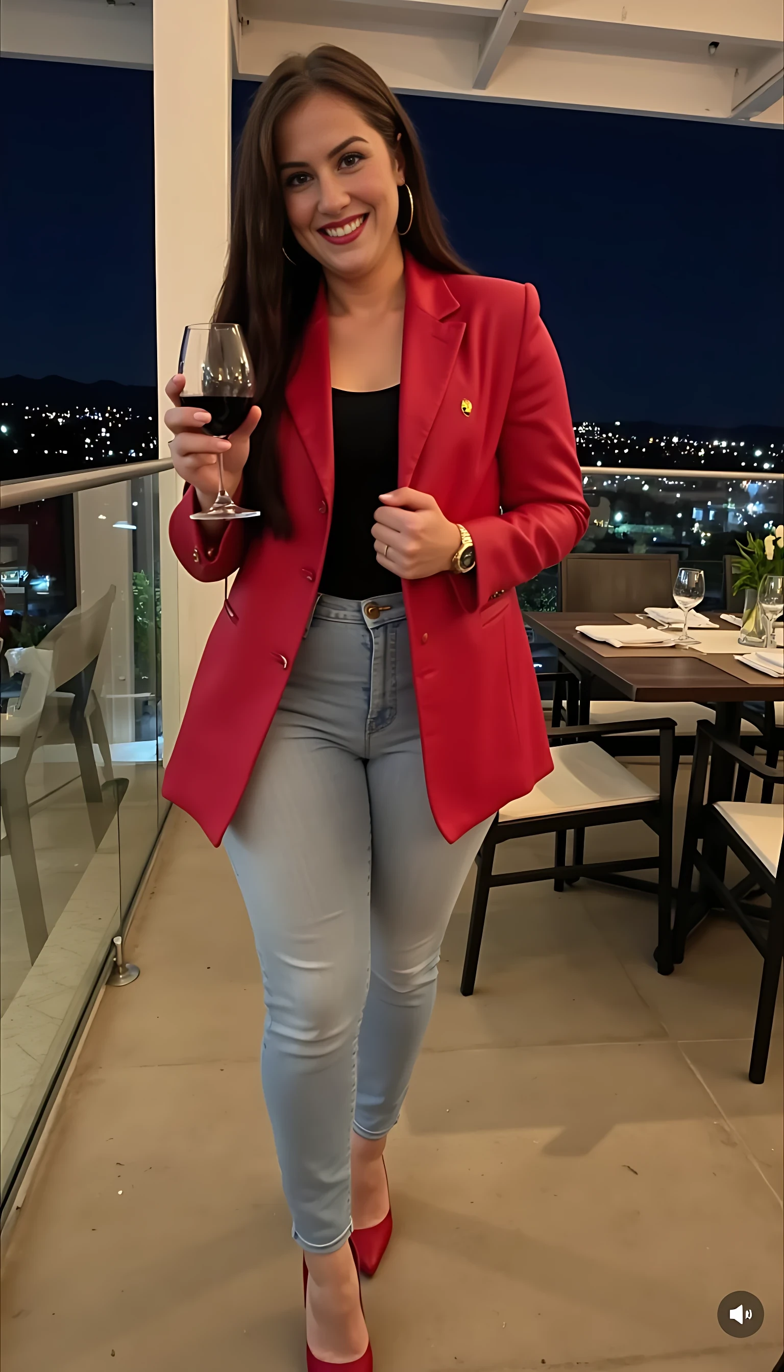  CSTMDL women curby body  blue eyes wearing light blue jeans and  red Ferrari jacket and Black undershirt red high heels wearing a rolex watch standing  smiling on a nice rooftop restaurant  with a glass of wine  night light background 