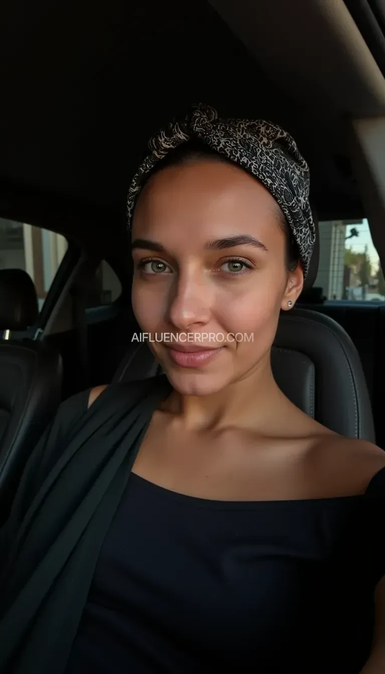 A woman with a calm expression, wearing a patterned headscarf and a dark top, sitting inside a car. The lighting is soft, creating gentle shadows on her face, and the interior of the car is dimly lit, with glimpses of upholstery and car elements in the background. Her eyes are directed towards the camera, and the atmosphere is serene and introspective.