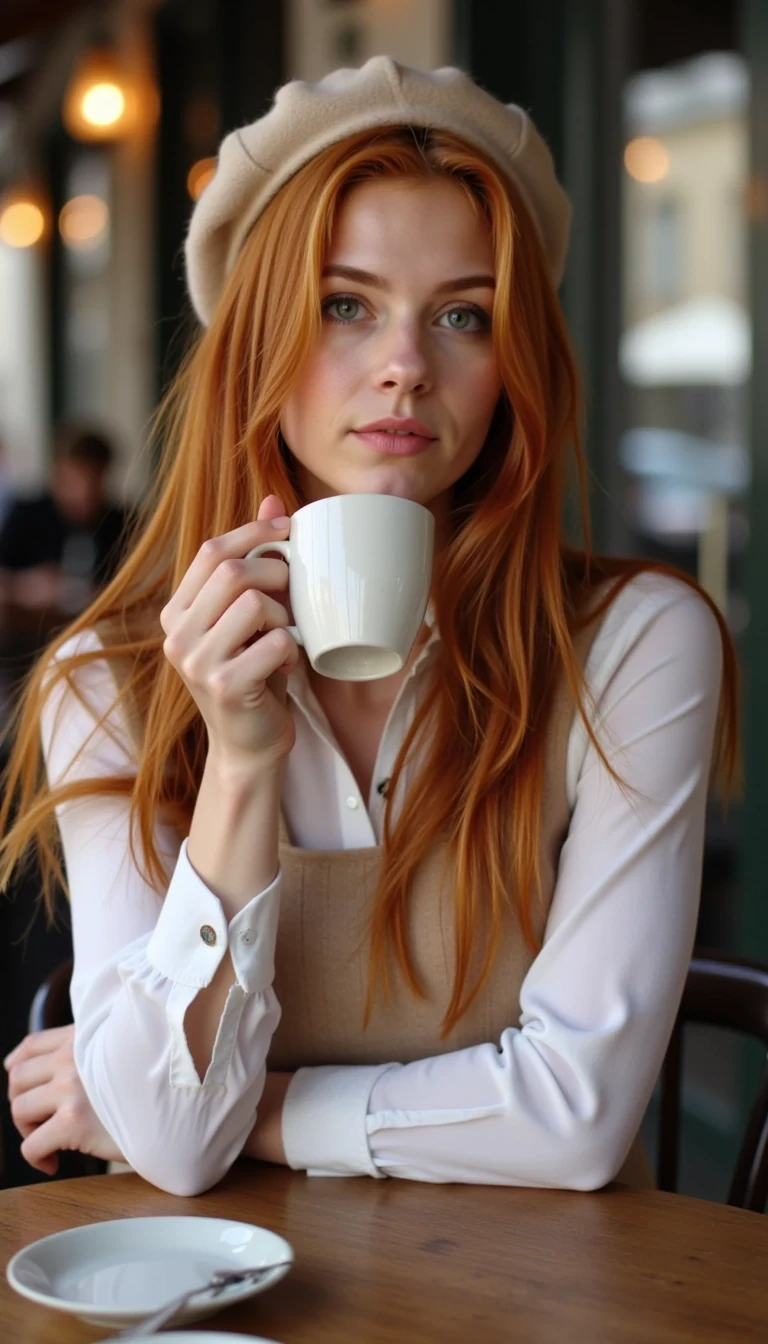 photo of woman CSTMDL, has a long Red hair, sitting at a Parisian outdoor café, wearing a beige beret, white blouse, and high-waisted trousers, sipping espresso, ultra-realistic photo with cinematic bokeh background
