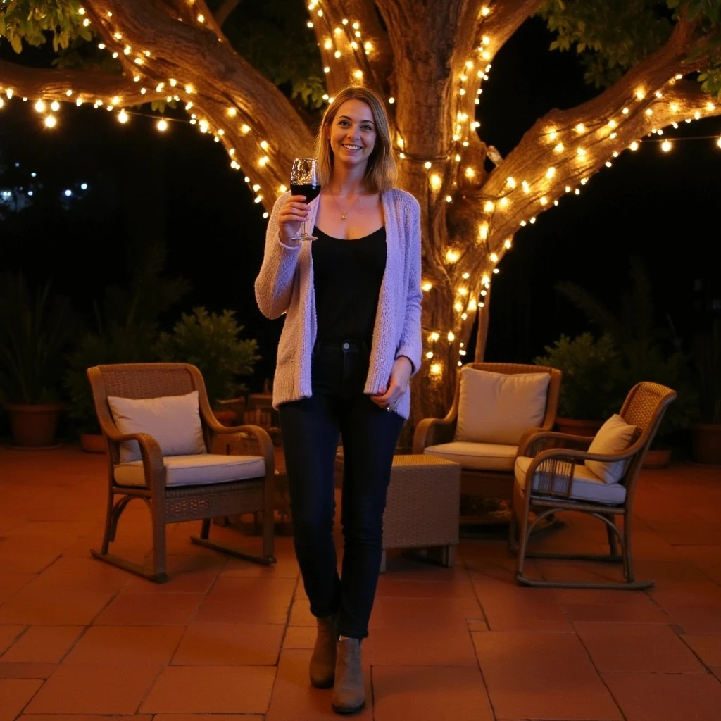 Full-length evening photograph of the same woman standing on a cozy, warmly lit patio. String lights wrap a large oak tree behind her, scattering tiny golden reflections over terracotta tiles and rattan chairs. She wears a soft-textured lavender cardigan open over a simple black camisole, slim high-waisted dark jeans, and ankle boots. She holds a glass of red wine in her right hand, smiling warmly at the camera. Fair skin glowing in the ambient light, clear textures on clothing, skin, and background, rich warm tones, relaxed and inviting vibe.