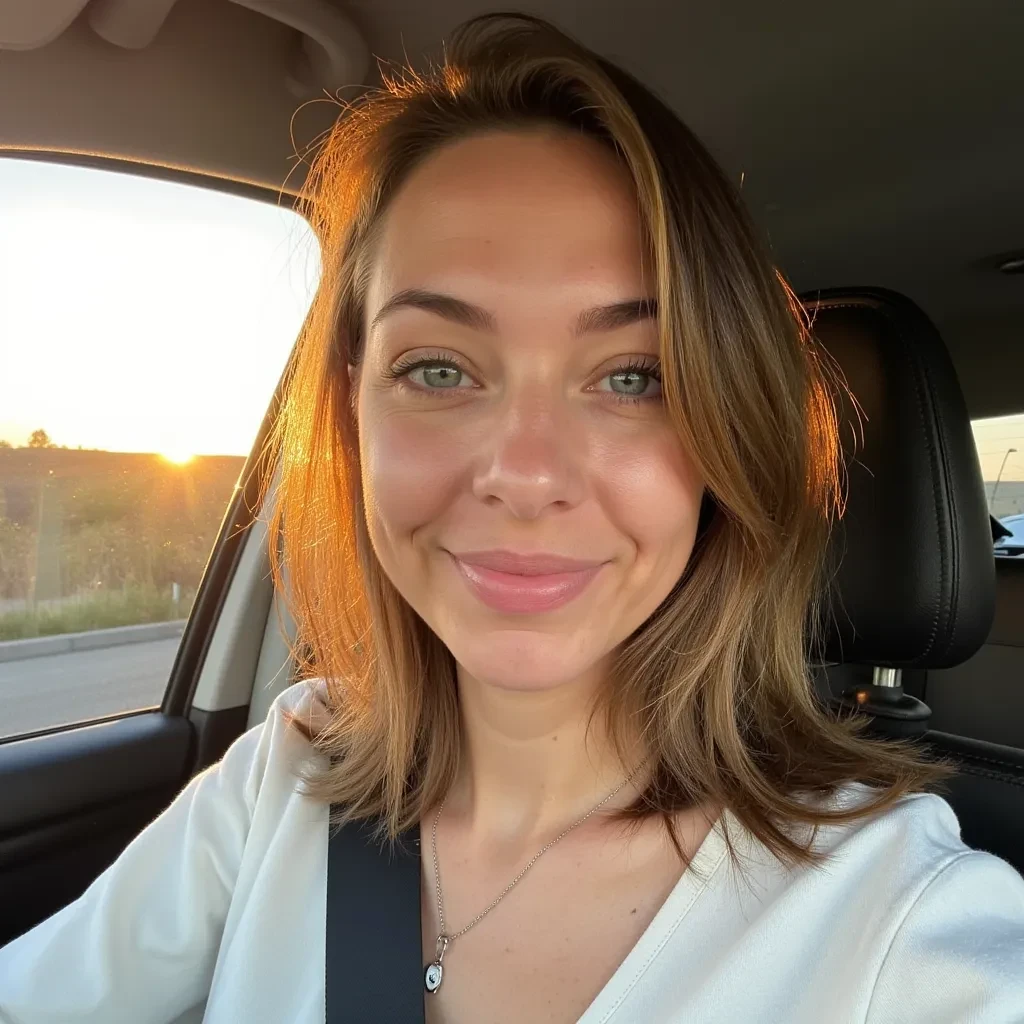 Soft late-afternoon selfie of a cute German woman (Saskia Sommer) with shoulder-length light-brown hair, relaxed in the driver’s seat of a small car. The golden setting sun streams through the windshield, washing her fair skin in a warm orange glow and casting long, delicate shadows along her jawline and collarbones. Natural makeup, clear grey-green eyes sparkling, gentle smile. Shot on a modern smartphone, shallow depth of field, crisp focus on her face, subtle background blur, high realism.