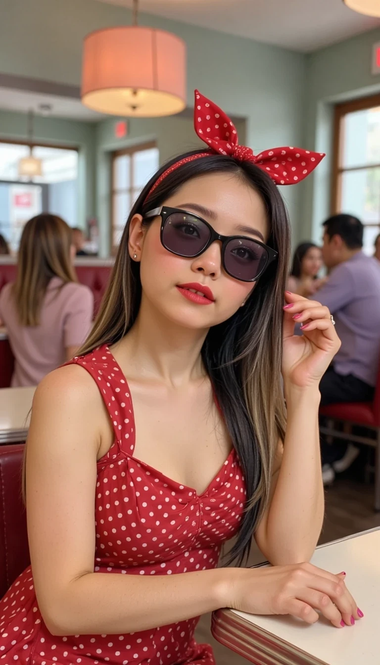 Snapchat low quality full body selfie, CSTMDL model, A fun retro woman in a polka-dot dress, red bandana, red heels, cat-eye sunglasses, classic diner setting, pastel tones, pin-up energy