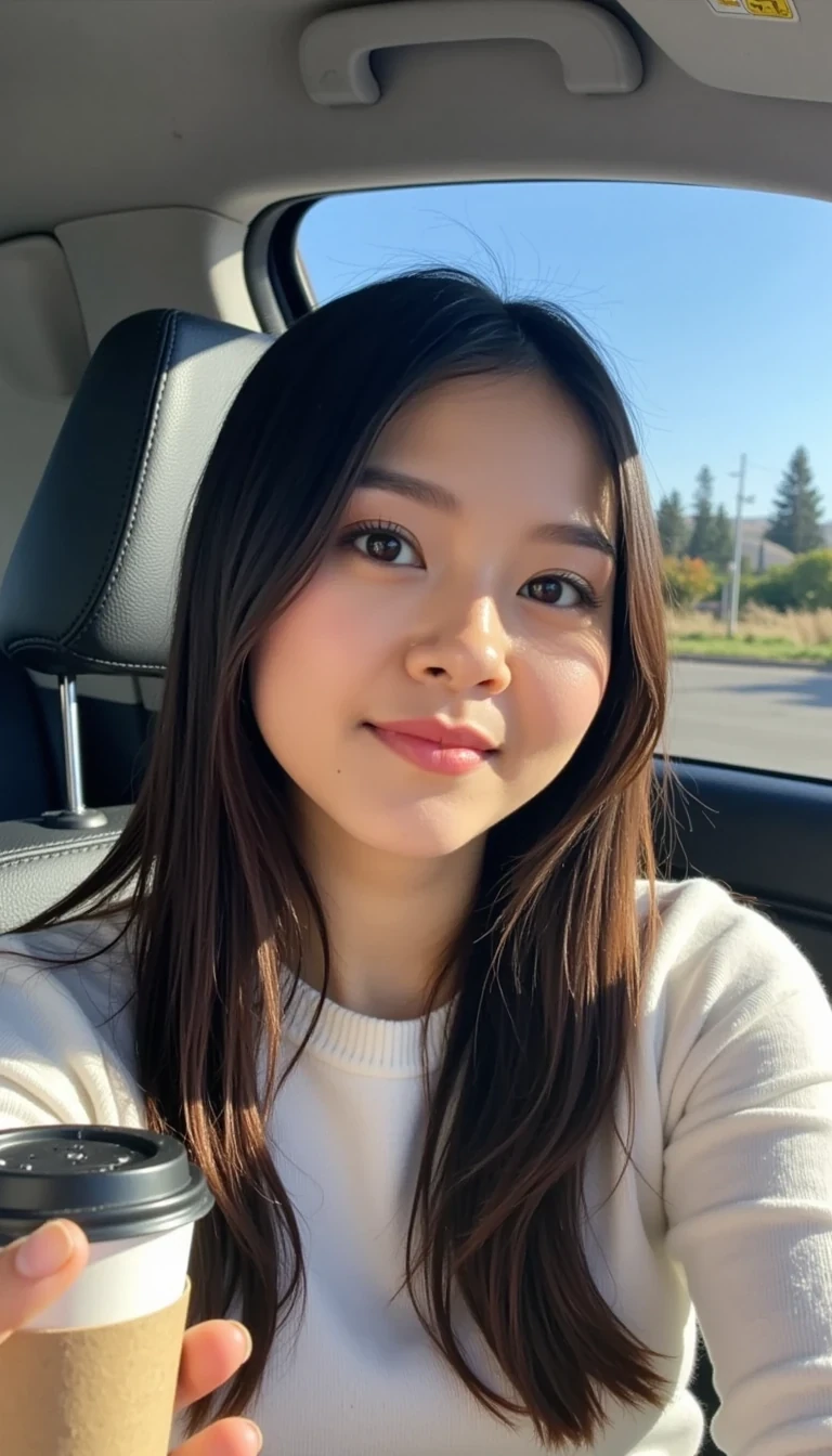boring low quality snapchat photo circa 2015, Hana CSTMDL with a warm smile, sitting in the driver's seat of a cozy car. She has soft, wavy brown hair cascading past her shoulders. The sunlight streams through the window, casting a gentle glow on her face. The interior of the car is neat and comfortable, with a coffee cup in the cup holder and a small plant on the dashboard. The background outside the window shows a scenic road lined with trees and blue skies