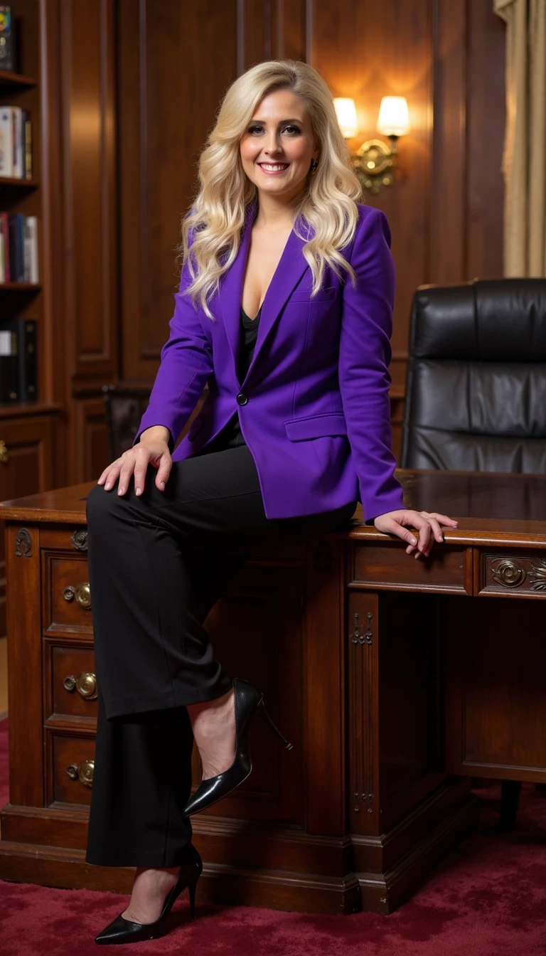 iphone portrait of CSTMDL blonde woman  
Wearing a high fashion royal purple blazer, very bold, sitting on the corner of an executive elaborate wooden desk 