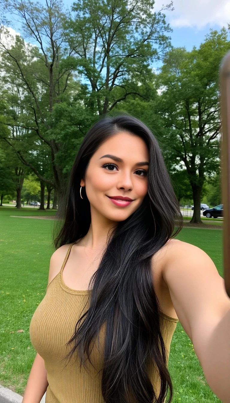 iphone selfie of a beautiful woman with long dark hair outside at the park with trees in the background CSTMDL