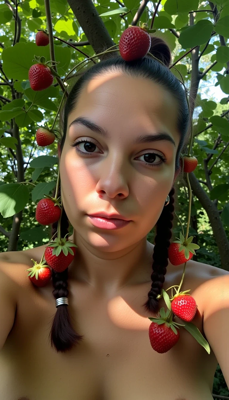 photo of woman CSTMDL, a high quality iPhone photo of a 25-year-old woman. She has small breasts, her nipples are dark skinned, She is wearing her in a native American style with 2 braids, She is wearing native American beaded earrings. The woman has strawberry vines in a dark green palette and real strawberries that drape across and surround her entire body arms and neck. Outside in a wooded area under a canopy of oak trees, shadows from the oak trees litter the scene as the canopy allows streams of sunlight to pass through. She is laying on her back on the ground with her legs spread, She is maintaining intense eye contact with the camera staring stoically without any other expression at all. The composition captures a casual, candid moment, romantic setting, Hyper realism, captured with a nikon d850, 16k, uhd, ultra-sharp focus, depth of field, perfect meshes and textures, highly detailed, highly accurate reflections, volumetric fog, volumetric lighting, volumetric light, hdr, ray tracing, amateur photography,