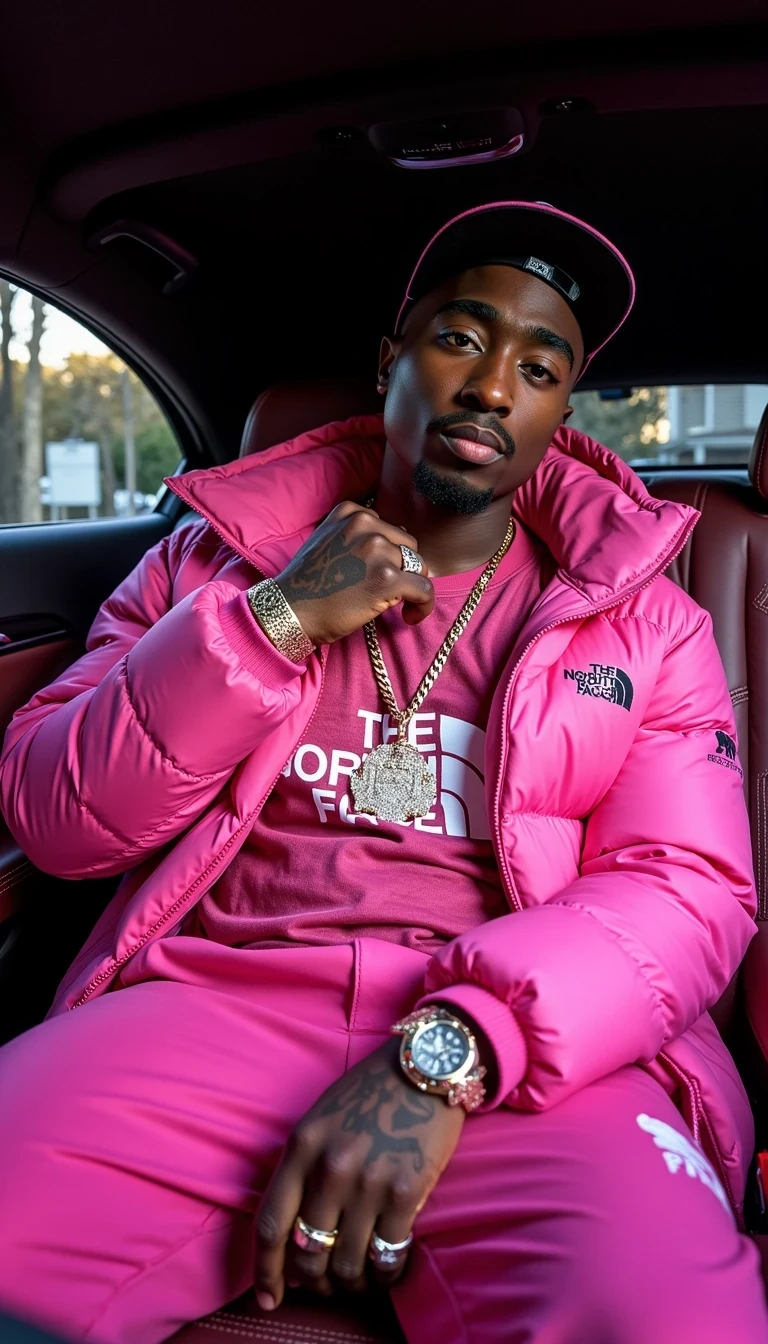 iphone portrait of CSTMDL A luxury lifestyle shot captured inside the backseat of a 2025 Mercedes-Maybach, featuring a young urban style icon dripped in vibrant pink streetwear.

He's rocking a bold pink The North Face puffer jacket over a coordinated pink Kappa jersey, accessorized with a massive iced-out diamond chain shaped like a cartoon character. The lighting from the Maybach’s ambient interior LEDs bathes the cabin in soft magenta hues, enhancing the outfit's saturation and vibe.

He sits relaxed, leaning back in the plush burgundy Maybach leather seats, one arm across his lap and the other flexing his chain with subtle swagger. His tattoos and face details are crisp, emphasizing the sharp focus. A designer cap in pink and black tops the look.

Captured with a Sony A7R V and Sony FE 35mm f/1.4 GM lens, giving the image a wide, shallow depth of field with creamy bokeh in the background and rich clarity in the subject.

The mood is late-night flex, with emphasis on high-end street fashion, luxury car interior, and flawless jewelry detail, all in ultra high-definition. He's bald.