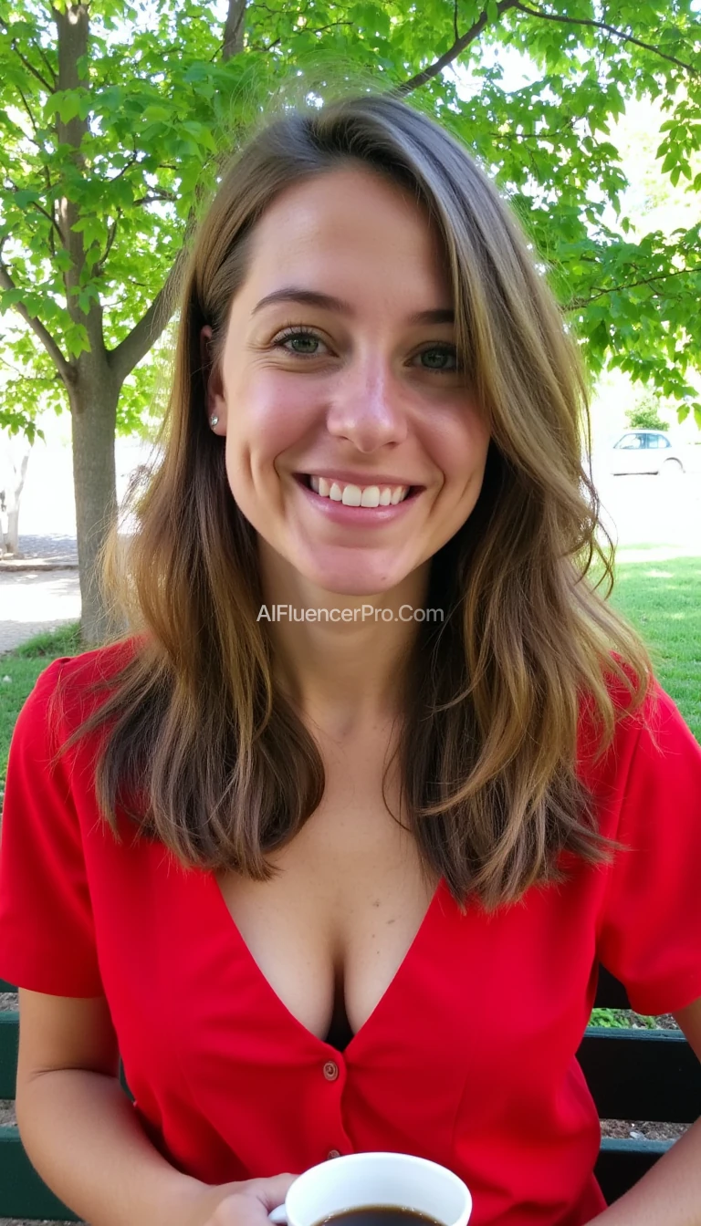 boring low quality snapchat photo circa 2015, A young woman with a warm smile, sitting on a park bench. She has soft, wavy brown hair cascading past her shoulders. You can see cleavage down her red blouse. The sunlight streams through the leaves of the trees, casting a gentle glow on her face. She is holding a coffee cup.