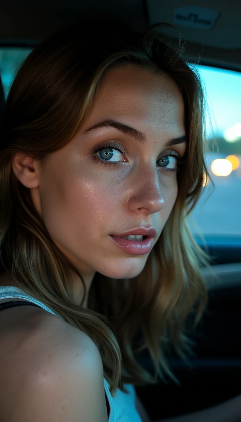 close-up of a feminine woman with big soft blue eyes, long dark lashes, defined cheekbones, wavy brown hair cascading over one shoulder, sensual yet innocent expression, slightly open lips, natural glossy skin texture, shot in soft afternoon window-light with shallow depth of field, polish girl, camera positioned behind driver’s shoulder from back seat, neon reflections on windshield, dashboard lights casting teal-amber glow on her face, right hand shifting gear, high-ISO phone noise, street-lamp bokeh