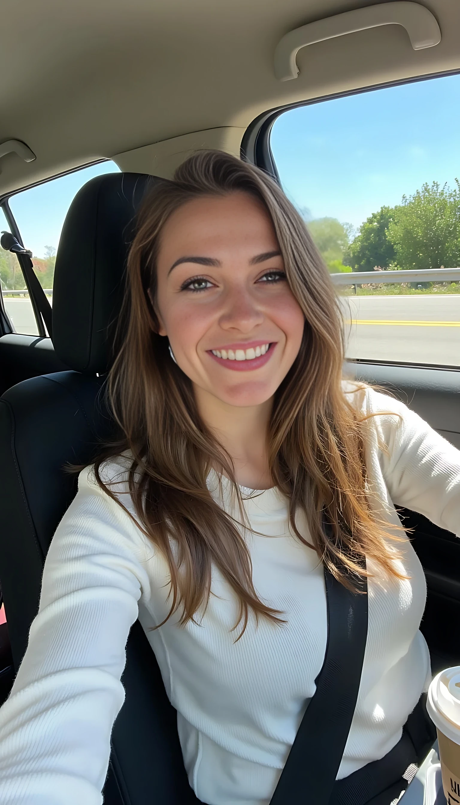 boring low quality snapchat photo circa 2015, A young European woman with a warm smile, sitting in the driver's seat of a cozy car. She has soft, wavy brown hair cascading past her shoulders. The sunlight streams through the window, casting a gentle glow on her face. The interior of the car is neat and comfortable, with a coffee cup in the cup holder and a small plant on the dashboard. The background outside the window shows a scenic road lined with trees and blue skies