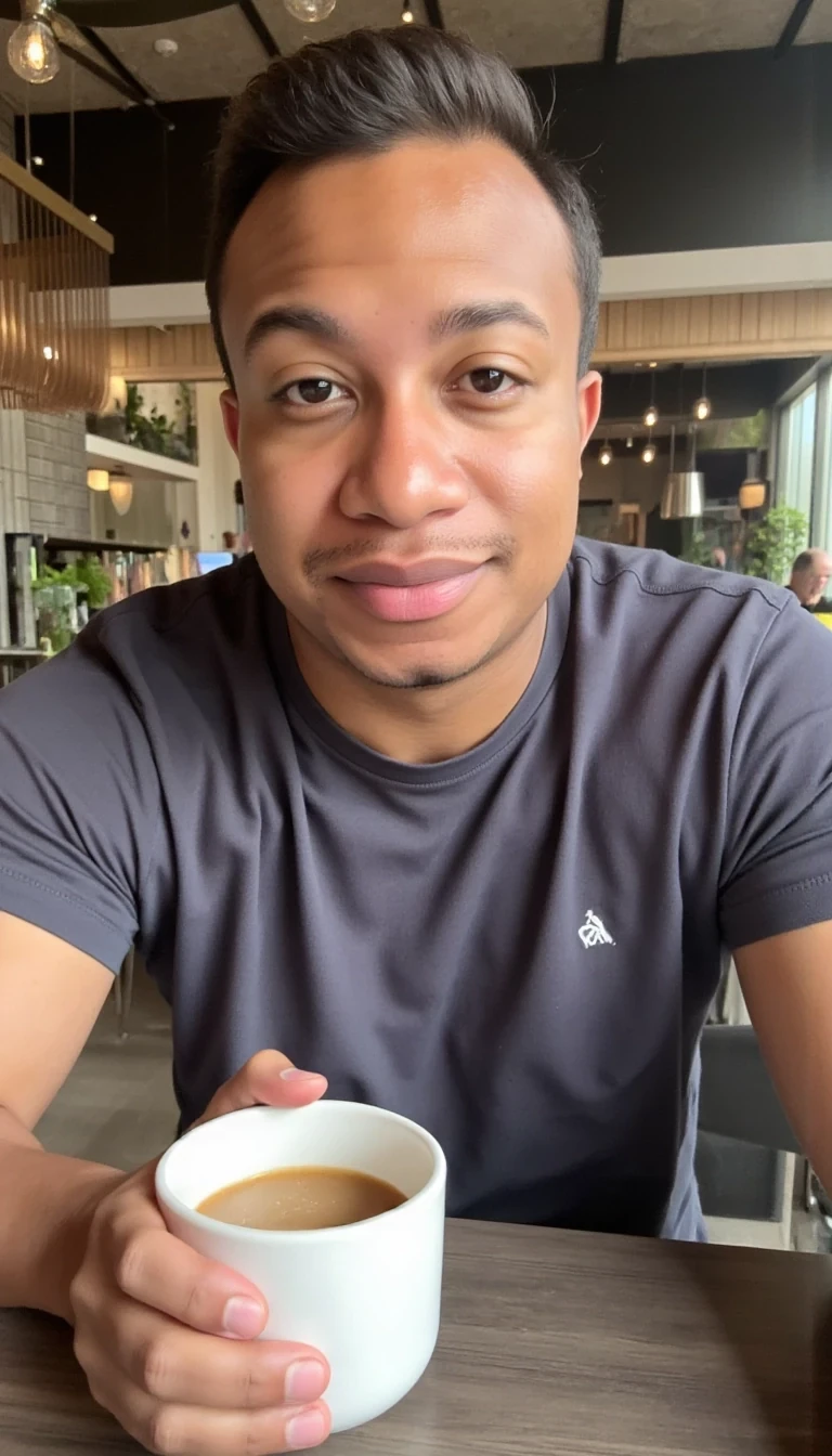 boring low quality snapchat photo circa 2015, man CSTMDL model in a trendy café, holding a freshly brewed cup of coffee