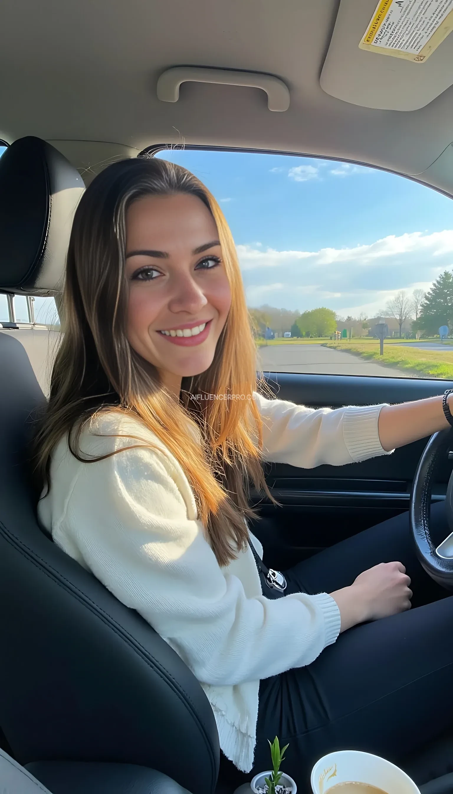 boring low quality snapchat photo circa 2015, A young woman with a warm smile, sitting in the driver's seat of a cozy car. She has soft, wavy brown hair cascading past her shoulders. The sunlight streams through the window, casting a gentle glow on her face. The interior of the car is neat and comfortable, with a coffee cup in the cup holder and a small plant on the dashboard. The background outside the window shows a scenic road lined with trees and blue skies