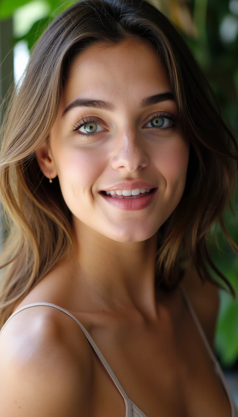 close-up of a feminine woman with big soft blue eyes, long dark lashes, defined cheekbones, wavy brown hair cascading over one shoulder, sensual yet innocent expression, slightly open lips, natural glossy skin texture, shot in soft afternoon window-light with shallow depth of field, polish girl, three-quarter right, laughing, mouth slightly open wider, caught candid, sunlit indoor plant background




