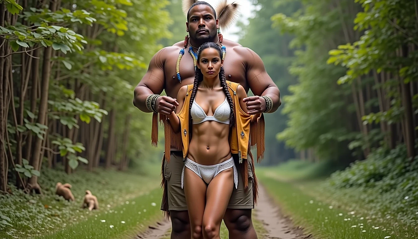 photo of woman CSTMDL, a medium shot photo of, a slim woman, her full body is in the scene, she has a slender petite build with petite small boobs and a flat chest, she has small dark skin nipples with long pointy nipple ducts and small dark skinned areolas, her hair is styled with two long braids she has eagle plumes in her hair, she is not wearing earrings, she is wearing daisy duke denim booty shorts, she is wearing a native American style vest in a golden yellow color over top of her underwear, she is holding her vest open exposing her strapless bra, her bra is a strapless white lace bra, she is wearing white lace panties, she is wearing ankle height smoked hide moccasins, natural lighting, natural light, amateur photography, shot on an iPhone, she is standing with her legs spread wide apart in a densely wooded forest, she is maintaining intense eye contact with the camera, there is a giant native American fat man twice her height standing up directly behind her holding onto the woman's pantie line, the man is holding her up suspended in the air in front of him, the man is a real giant, public setting, Hyper realism, ultra-sharp focus, highly detailed, natural lighting, natural light, amateur photography,