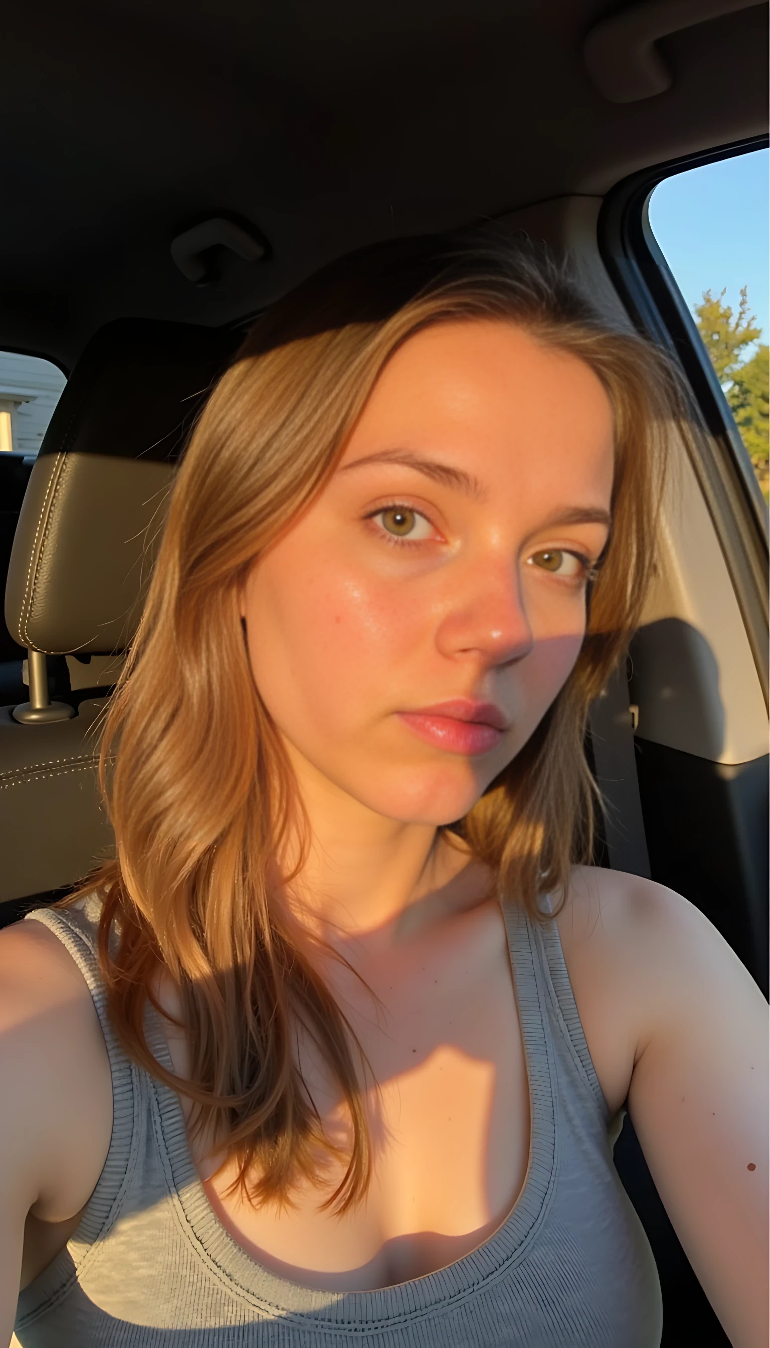 boring low quality snapchat photo circa 2015, cute girl, soft light brown hair, selfie in a car, The light from the setting sun gives a soft orange glow across her face and upper body, casting long shadows
