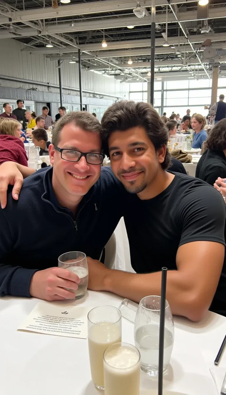 AI image prompt: Medium shot photo of two men sitting closely together at a restaurant table, both holding drinks in a casual, friendly pose. The man on the left has light skin, short brown hair, and wears glasses with a warm smile, dressed in a dark zip-up jacket over a collared shirt. The man on the right has a medium tan skin tone, dark wavy hair, and a relaxed expression, wearing a black T-shirt with a visible arm sling. They sit side by side, leaning slightly towards each other, suggesting camaraderie, with their arms resting on the white-clothed table, which has drinks, a menu, and utensils scattered across it. The background features an expansive indoor space with high ceilings, exposed metal beams, and large windows allowing bright natural light to fill the area. The restaurant ambiance is lively, with other patrons visible in the background, creating a bustling yet comfortable atmosphere. The overall lighting is bright, diffused through the windows, giving a soft glow to the scene, emphasizing the warm, friendly interaction between the two men.