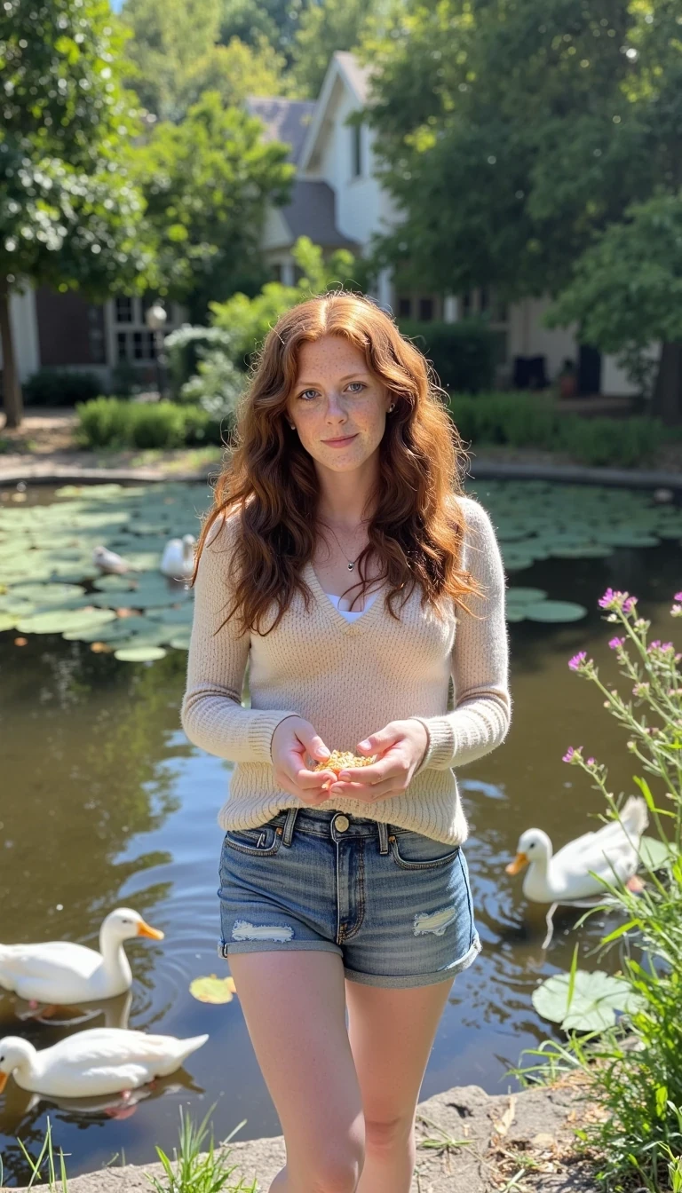 photo of woman CSTMDL, she has long curly auburn hair, very light blue eyes and fair skin. plump pink lips with a slight tint of red. she is smiling, looking away from the camera. she is a baby faced woman with striking light blue eyes and very fair skin and barely noticeable freckles and silky red auburn hair. She wears minimal makeup, with subtle mascara accentuating her long lashes and a natural red gloss on her lips while smiling 
A cute girl with curly red auburn hair, pin-straight hair stands at the edge of a tranquil pond, surrounded by the soft colors of nature. Her hair falls neatly down her back, catching glints of sunlight that make it almost shimmer like gold. She’s wearing a light pastel sweater and denim shorts, dressed casually but neatly, with a peaceful air about her.

In her hands, she gently crumbles bits of bread or bird feed, tossing them into the water with care. A group of ducks paddle eagerly toward her, rippling the surface of the calm water as they go. Some flap their wings gently or dip their beaks under the surface, while others already cluster near the shore, waiting for more.

The pond reflects the soft blue of the sky and the surrounding greenery, with patches of reeds and lily pads decorating the water’s edge. Sunlight filters through the trees above, casting dappled patterns on the girl and the ducks.

Her expression is calm and gentle, maybe even smiling slightly—completely absorbed in the moment. The whole scene gives off a serene, storybook-like feel, as if time has slowed just for this quiet interaction between girl and nature.
she is looking at the ducks, she is feeding ducks, her eyes are on the ducks