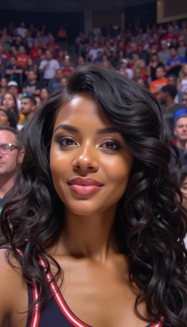 Create a photorealistic image of a stunning dark-skinned woman in her mid-20s, styled as a low-quality Snapchat-style selfie labeled CSTMDL, taken while sitting in the bleachers at madison square garen during a knicks vs. celtics game. The photo should have a casual, unfiltered look — slightly grainy and soft-focused, mimicking a real phone camera shot. In the background, there’s a packed crowd of fans wearing knicks and celtic jerseys, adding to the energetic, game-day atmosphere.

The woman has a rich brown complexion, deep brown almond-shaped eyes, and long, wavy black hair flowing past her shoulders. Her figure is curvy, with full hips, a large butt, and a full chest. She’s wearing a new york nicks basketball jersey, wearing a new york knicks hat, and her nails and toes feature a crisp white French manicure/pedicure.

Emphasize a realistic selfie angle, stadium lighting, and the authentic feel of a Snapchat moment captured during a live NFL game.