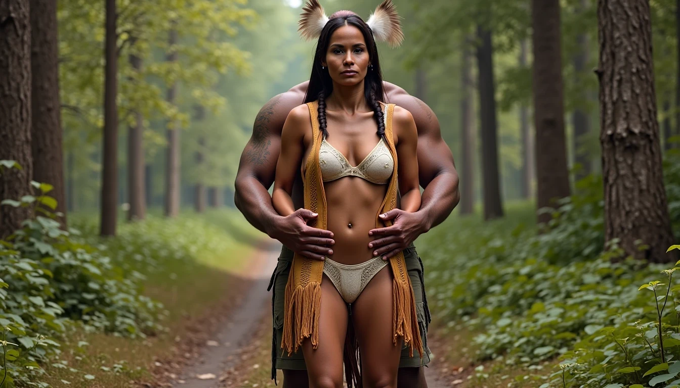photo of woman CSTMDL, a medium shot photo of, a slim woman, her full body is in the scene, she has a slender petite build with petite small boobs and a flat chest, she has small dark skin nipples with long pointy nipple ducts and small dark skinned areolas, her hair is styled with two long braids she has eagle plumes in her hair, she is not wearing earrings, she is wearing daisy duke denim booty shorts, she is wearing a native American style vest in a golden yellow color over top of her underwear, her vest is open exposing her strapless bra, her bra is a strapless white lace bra, she is wearing white lace panties, she is wearing ankle height smoked hide moccasins, natural lighting, natural light, amateur photography, shot on an iPhone, she is standing with her legs spread wide apart in a densely wooded forest, she is maintaining intense eye contact with the camera, there is a giant native American fat man three times her height kneeling directly behind her holding onto gripping the woman's waistline, the man is holding her in front of him, the man is a real giant three times the height of an average male, public setting, Hyper realism, ultra-sharp focus, highly detailed, natural lighting, natural light, amateur photography, she has her hands placed on the giants forearms 
