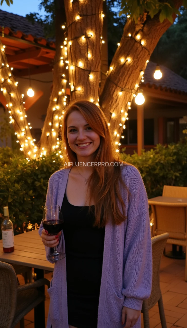 A full body shot photo of a woman standing outdoors at a cozy, warmly lit patio in the evening, with soft, glowing lights wrapped around a tree behind them creating a charming atmosphere. The image is rich in detail, with warm tones and clear textures throughout. The woman has fair skin, a slim build, and long reddish-blonde hair, also worn loose. She is smiling warmly at the camera, holding a glass of red wine in her right hand, and wears a soft-textured lavender cardigan over a black top. The background features a large tree with sparkling string lights wrapped around its trunk and branches, adding a magical touch to the scene. The setting suggests a private outdoor seating area, with elements like terracotta-tiled roofing, greenery, and rattan chairs contributing to a serene, inviting vibe. The overall composition is balanced, with the woman framed against the softly glowing tree, and the lighting enhances the warm, intimate feel of a quiet evening shared among friends. The details are vivid, with textures of clothing, skin, and background elements clearly visible, while the warm lighting creates a relaxed and joyful mood