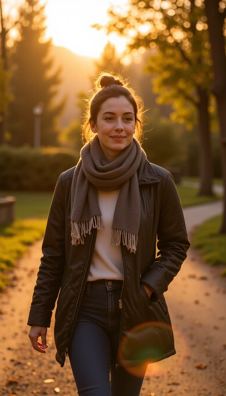Golden hour walk, woman strolling on a gravel path in the park, casual jacket and scarf, earbuds in, CSTMDL woman