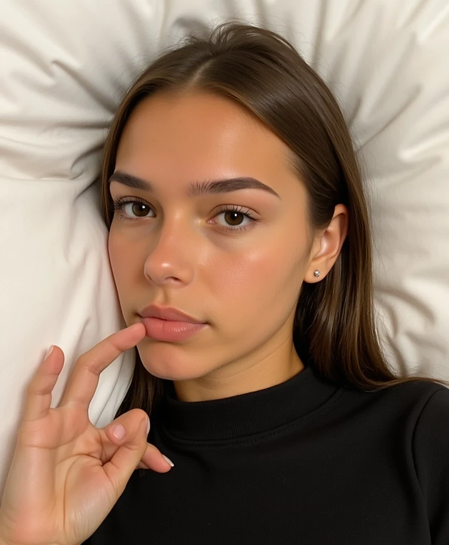 Picture of a CSTMDL
Big tits. Big ass. No hip dips. Fit. Wide hips.
She is an 18-year-old girl with long, smooth, medium-dark brown hair (straight to slightly wavy), parted near the center. Her eyes are large, almond-shaped, and warm brown with full lashes and arched brows. She has an hourglass figure: height ~64 in, bust 36 in (28 in underbust), waist 24 in, hips 39 in. Bust is full and projected, waist narrow and flat, hips broad and rounded with lifted glutes. Thighs are full (~24 in), tapering to proportional calves. Arms are slim (~9 in upper arm), shoulders softly broad and balanced with hips. Neck medium, torso compact with a narrow ribcage, legs long relative to torso. Posture upright with mild anterior pelvic tilt. Skin is smooth, lightly tanned, and even-toned.

Composition & Focus:
She’s lying against soft white bedding, the frame angled from above to emphasize her eyes and the relaxed elegance of the scene. The balanced lighting gives the entire photo a calm, luminous quality.

Expression & Mood:
Her gaze is steady yet soft — the kind of look that feels both reflective and quietly confident. It’s a portrait that radiates calm strength, the kind of stillness that draws attention without trying.

Styling & Lighting:

Lighting: Gentle, diffused daylight enhances the natural glow of her skin, highlighting subtle contours.

Makeup: Minimal and refined — a satin finish on the skin, muted lip tone, and accentuated lashes create an understated, graceful look.

Outfit: A simple dark top contrasts beautifully with the bright bedding, grounding the palette and focusing attention on her expression.

Atmosphere:
The overall tone is soft yet captivating — a blend of intimacy and quiet poise. It feels like a candid moment that accidentally became art.