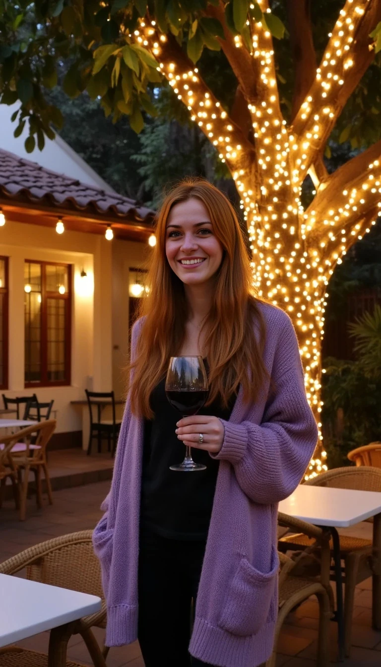 A full body shot photo of a woman standing outdoors at a cozy, warmly lit patio in the evening, with soft, glowing lights wrapped around a tree behind them creating a charming atmosphere. The image is rich in detail, with warm tones and clear textures throughout. The woman has fair skin, a slim build, and long reddish-blonde hair, also worn loose. She is smiling warmly at the camera, holding a glass of red wine in her right hand, and wears a soft-textured lavender cardigan over a black top. The background features a large tree with sparkling string lights wrapped around its trunk and branches, adding a magical touch to the scene. The setting suggests a private outdoor seating area, with elements like terracotta-tiled roofing, greenery, and rattan chairs contributing to a serene, inviting vibe. The overall composition is balanced, with the woman framed against the softly glowing tree, and the lighting enhances the warm, intimate feel of a quiet evening shared among friends. The details are vivid, with textures of clothing, skin, and background elements clearly visible, while the warm lighting creates a relaxed and joyful mood