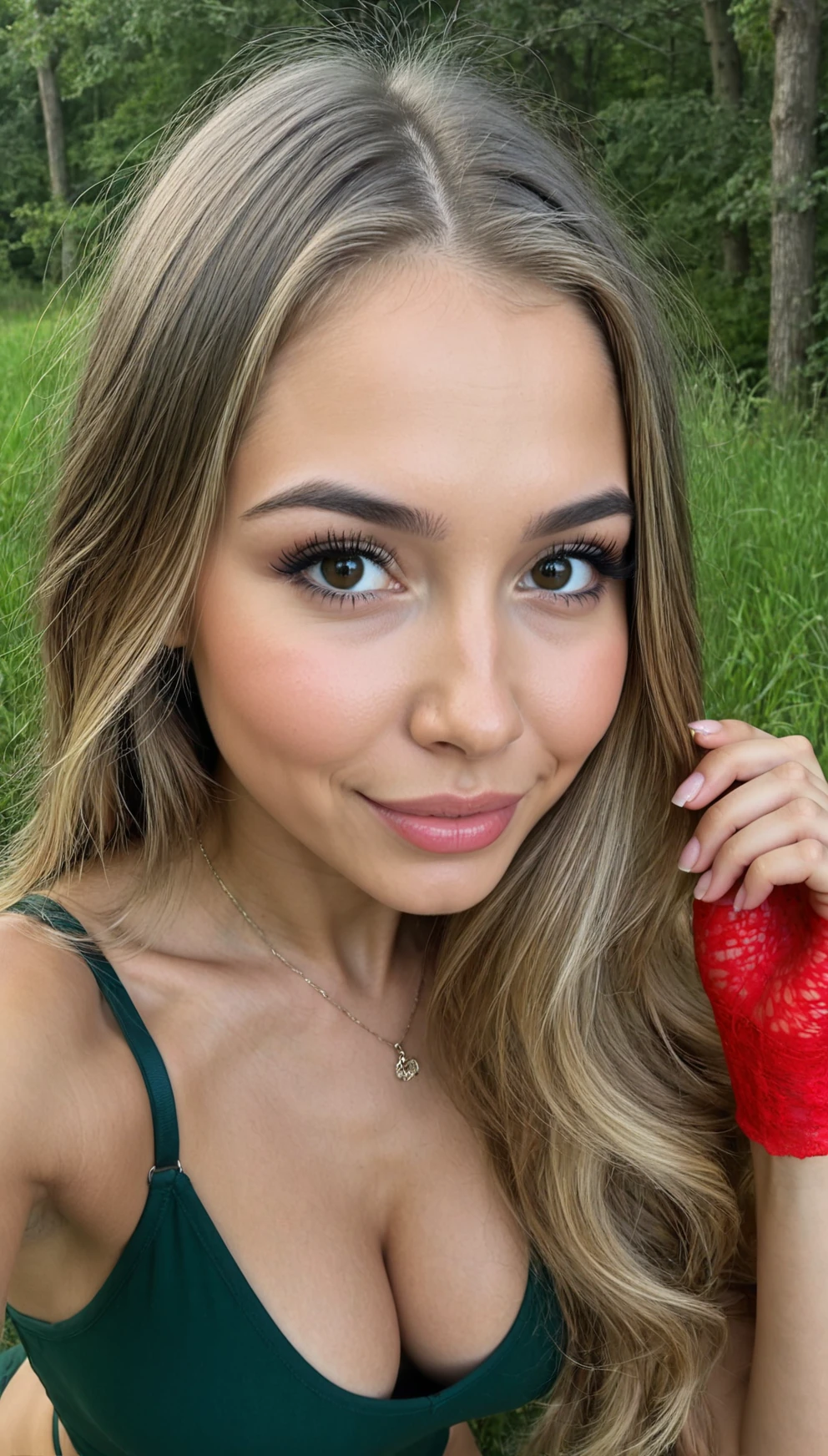 photo on iPhone of CSTMDL – A stunning young woman with a soft oval face and smooth, fair skin glowing with natural warmth. She has large almond-shaped eyes, uniquely combining light blue and dark brown hues, framed by long curled eyelashes and perfectly shaped light brown eyebrows. Her full lips are soft pink, and her nose is small and narrow. Her long golden-blonde, slightly brown-tinted hair falls in natural waves around her shoulders, blending with playful braids for a light-hearted, adventurous spirit. She has a slim, athletic hourglass figure with a full bust, narrow waist, and proportionate hips. She is dressed in a snug, forest green bodysuit that accentuates her curves, paired with striking red gloves that create a bold color contrast. The backdrop glows softly in warm pink hues, creating a cozy yet modern atmosphere. Soft, focused lighting enhances her delicate facial features and her bright, expressive eyes. She is centered in the frame, her head slightly tilted, one hand playfully touching her hair, exuding confidence, fun, and youthful energy. The style draws inspiration from contemporary youth culture and social media aesthetics, with vibrant colors, playful gestures, and a captivating fashion-forward vibe.