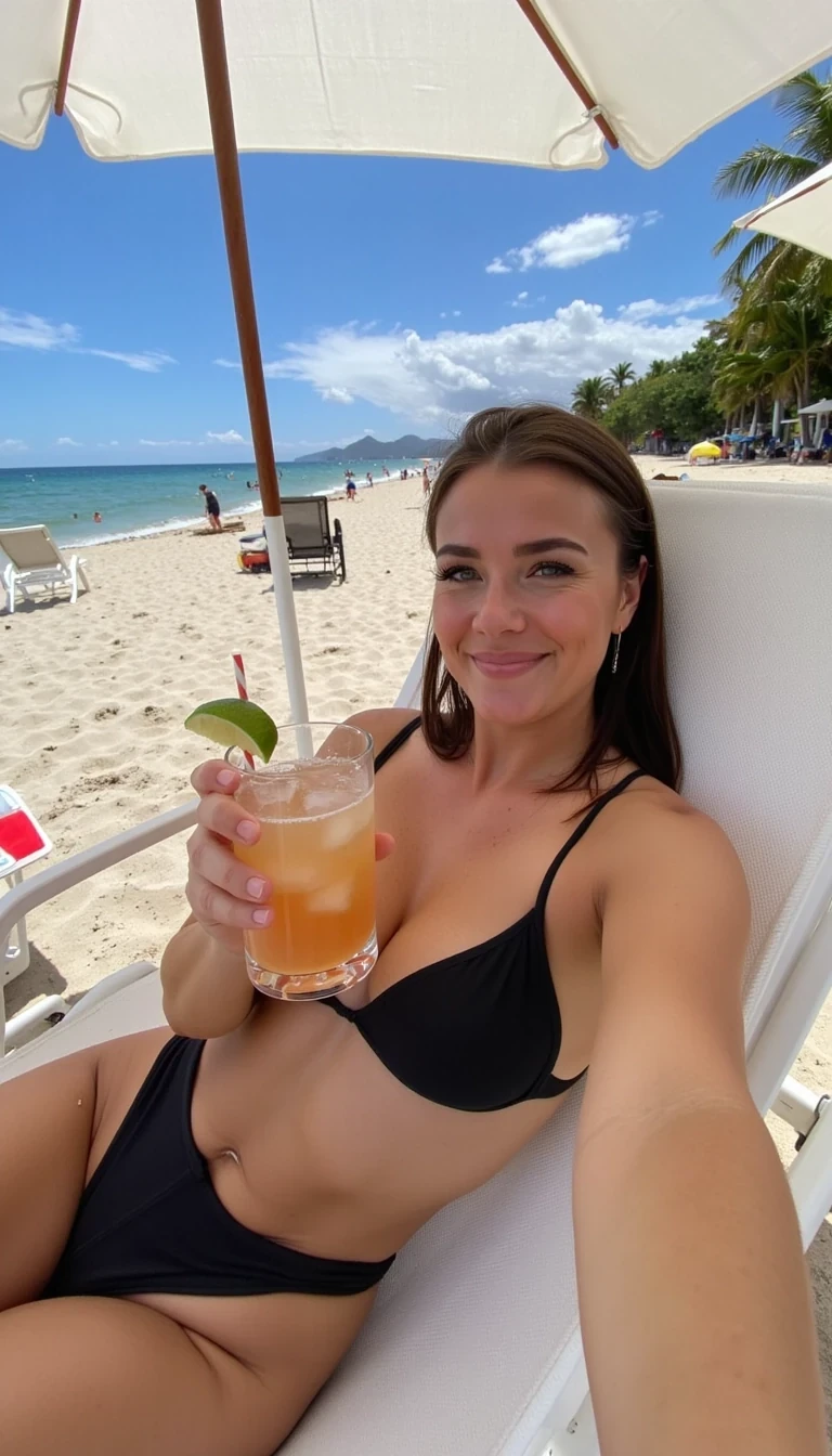 CSTMDL, taking a selfie in a black bikini, laying in a deck chair on the beach under an umbrella, smiling at the camera with a margarita in one hand and a palm tree in the background