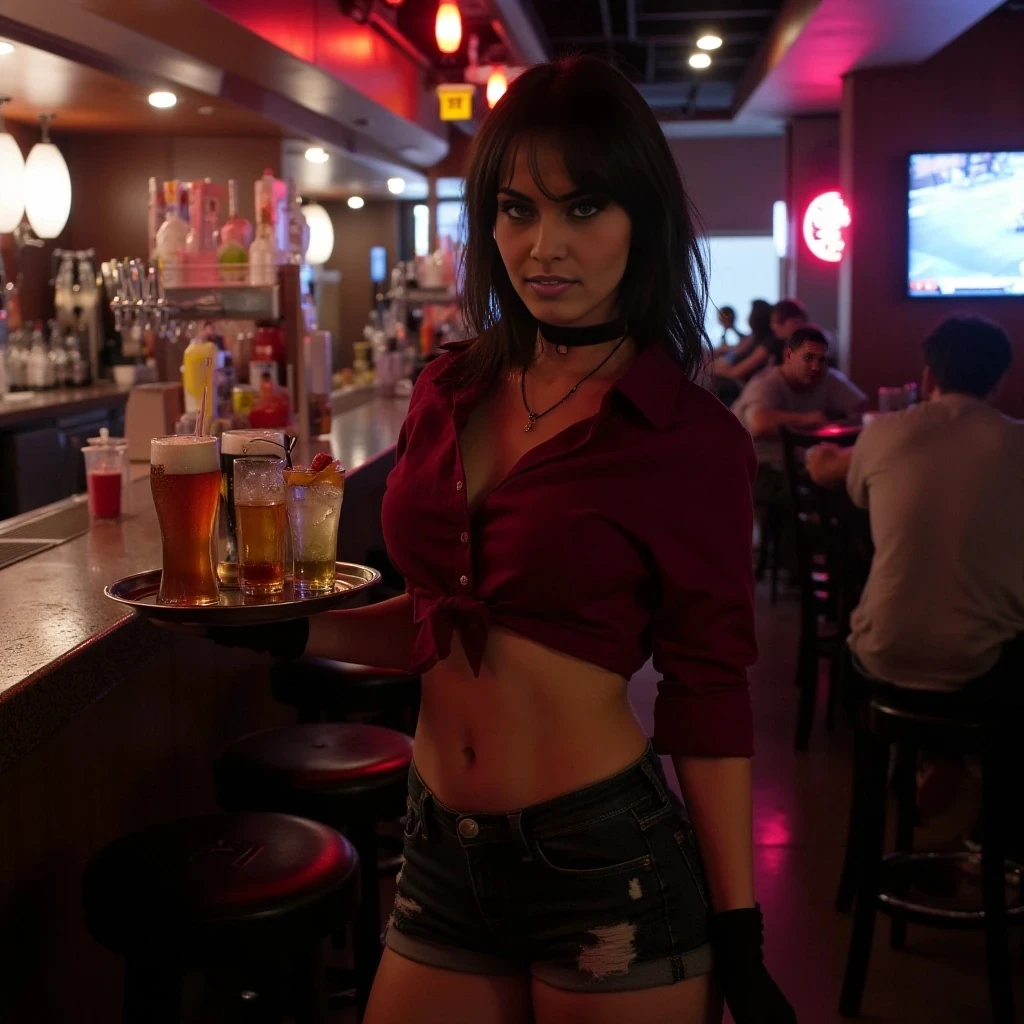 “Ultra-realistic photo of a beautiful, dark-haired young woman (Vex) working as a barmaid at a busy mid-range bar. She is wearing stylish casual work clothes — such as a dark red crop top with rolled sleeves and dark denim shorts or a short skirt with black tights. She has a slight punk-rock edge, like a choker necklace or subtle earrings. Her tray holds realistic drinks: clear pints of beer without straws, a mixed cocktail in a rocks glass, and a water glass with lemon. The bar is lively, with people at tables and booths in the background, ambient lighting, and a TV showing sports or music videos. The vibe is authentic, nothing posed — like a moment captured mid-shift while she’s navigating the crowd or talking to a customer.”

