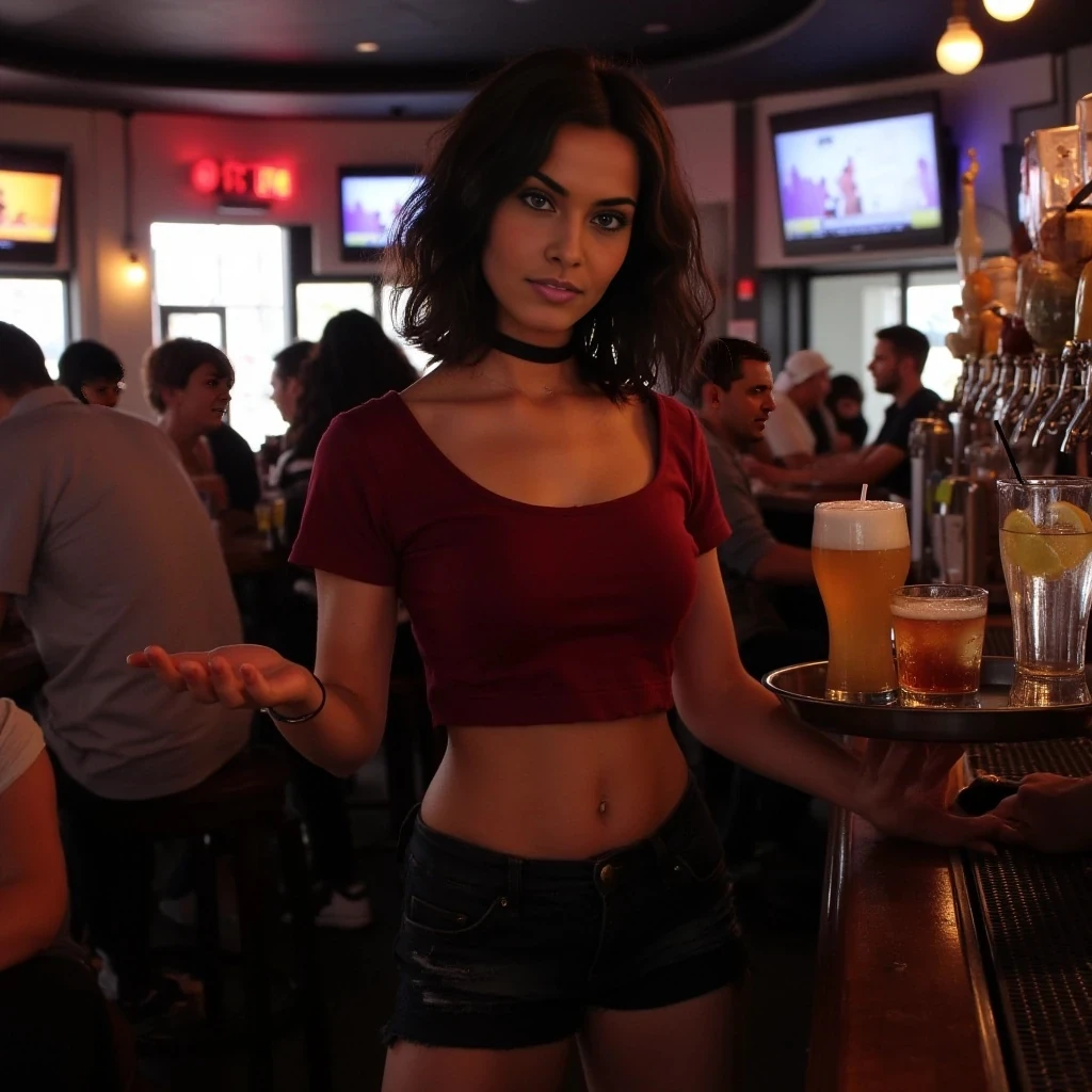 “Ultra-realistic photo of a beautiful, dark-haired young woman (Vex) working as a barmaid at a busy mid-range bar. She is wearing stylish casual work clothes — such as a dark red crop top with rolled sleeves and dark denim shorts or a short skirt with black tights. She has a slight punk-rock edge, like a choker necklace or subtle earrings. Her tray holds realistic drinks: clear pints of beer without straws, a mixed cocktail in a rocks glass, and a water glass with lemon. The bar is lively, with people at tables and booths in the background, ambient lighting, and a TV showing sports or music videos. The vibe is authentic, nothing posed — like a moment captured mid-shift while she’s navigating the crowd or talking to a customer.”

