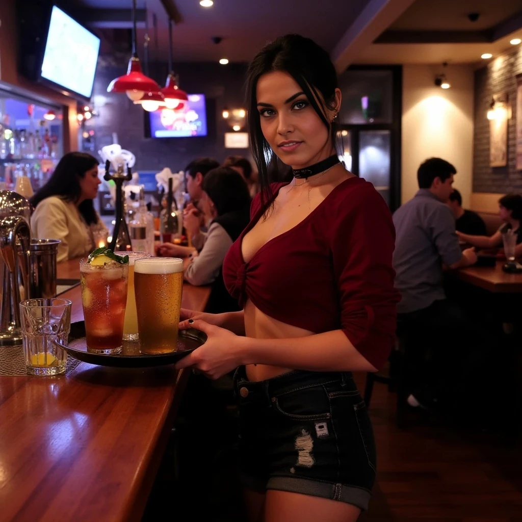 “Ultra-realistic photo of a beautiful, dark-haired young woman (Vex) working as a barmaid at a busy mid-range bar. She is wearing stylish casual work clothes — such as a dark red crop top with rolled sleeves and dark denim shorts or a short skirt with black tights. She has a slight punk-rock edge, like a choker necklace or subtle earrings. Her tray holds realistic drinks: clear pints of beer without straws, a mixed cocktail in a rocks glass, and a water glass with lemon. The bar is lively, with people at tables and booths in the background, ambient lighting, and a TV showing sports or music videos. The vibe is authentic, nothing posed — like a moment captured mid-shift while she’s navigating the crowd or talking to a customer.”

