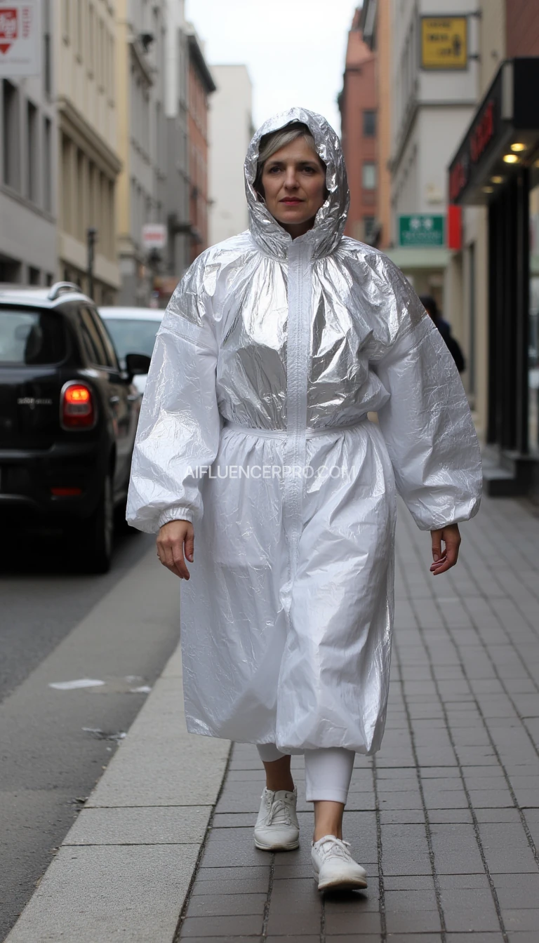 a white homeless woman who is only covered using transparent foil. Walking down the streets