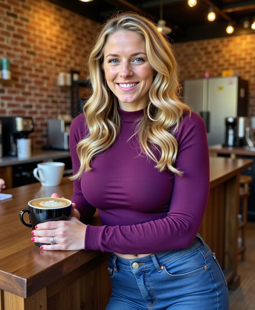 The image is a photograph featuring a young Caucasian woman, CSTMDL, with long, wavy blonde hair, posing in a vibrant Raleigh coffee shop. She wears a form-fitting plum-colored sweater and jeans that contour her curves respectfully, leaning on a counter with one elbow. Her smile is warm and inviting, hair loosely braided, holding a steaming latte. The background features rustic brick walls and warm lighting. Highly detailed, 8K, cozy lifestyle style with deep purples and browns.