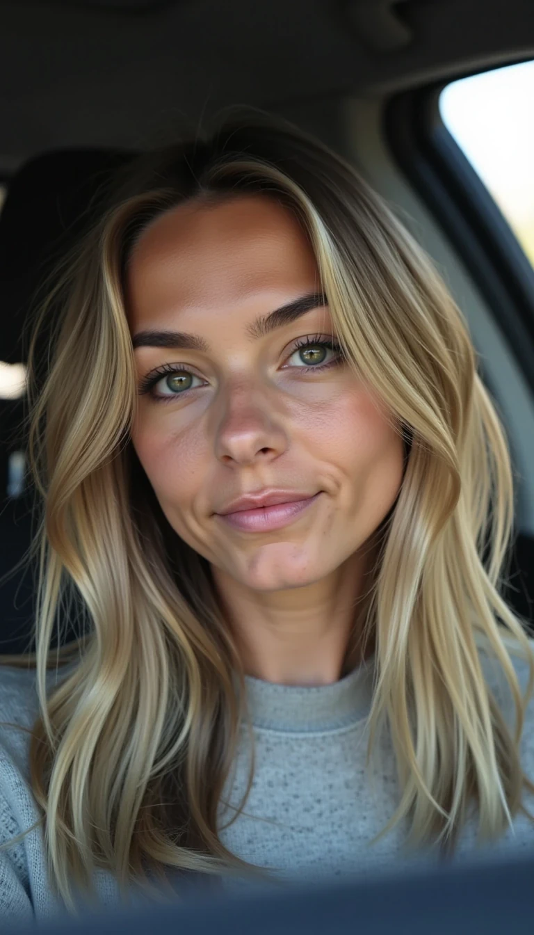 A 23-year-old CSTMDL , natural smile, soft daylight photography inside a car, cinematic lighting, shallow depth of field, photorealistic portrait, ultra-detailed skin texture, 8k DSLR photo.
