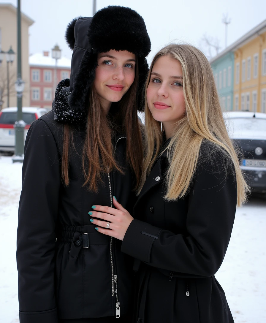 create an ultra-realistic full body image of a 19 year old Serbian woman. She stands at 5'9", embodying the epitome of allure and charm with her sharp Slavic facial features. her skin is tan and sunkissed . Her captivating blue eyes and long, ashy brown hair enhance her mesmerizing presence. she is dressed in a black winter dress, standing outside of a beautiful street covered in snow in moscow, russia in the winter. her expression is one of smiling. she seems to be cold. she has a big winter fur hat on as well. Focus on extreme realism, especially in her facial details. capture her entire body. she is hugging her best friend that is also 19 years old but blonde and russian.