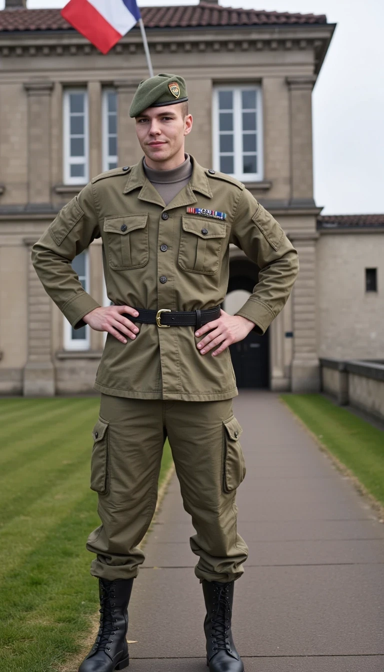 Wearing the French foreign legion military camo uniform standing outside a military barracks with the French flag on a wall, smiling and posing, skinny built