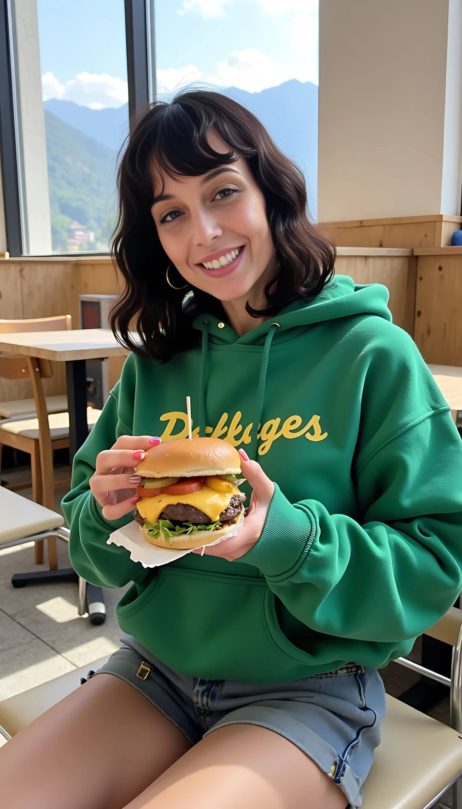 iphone portrait of CSTMDL woman younger Bob length hair hair makeup bangs cute smile brown eyes and sitting in cafe eating cheeseburger and and coke wearing solid green hoodie and shorts mountains background 