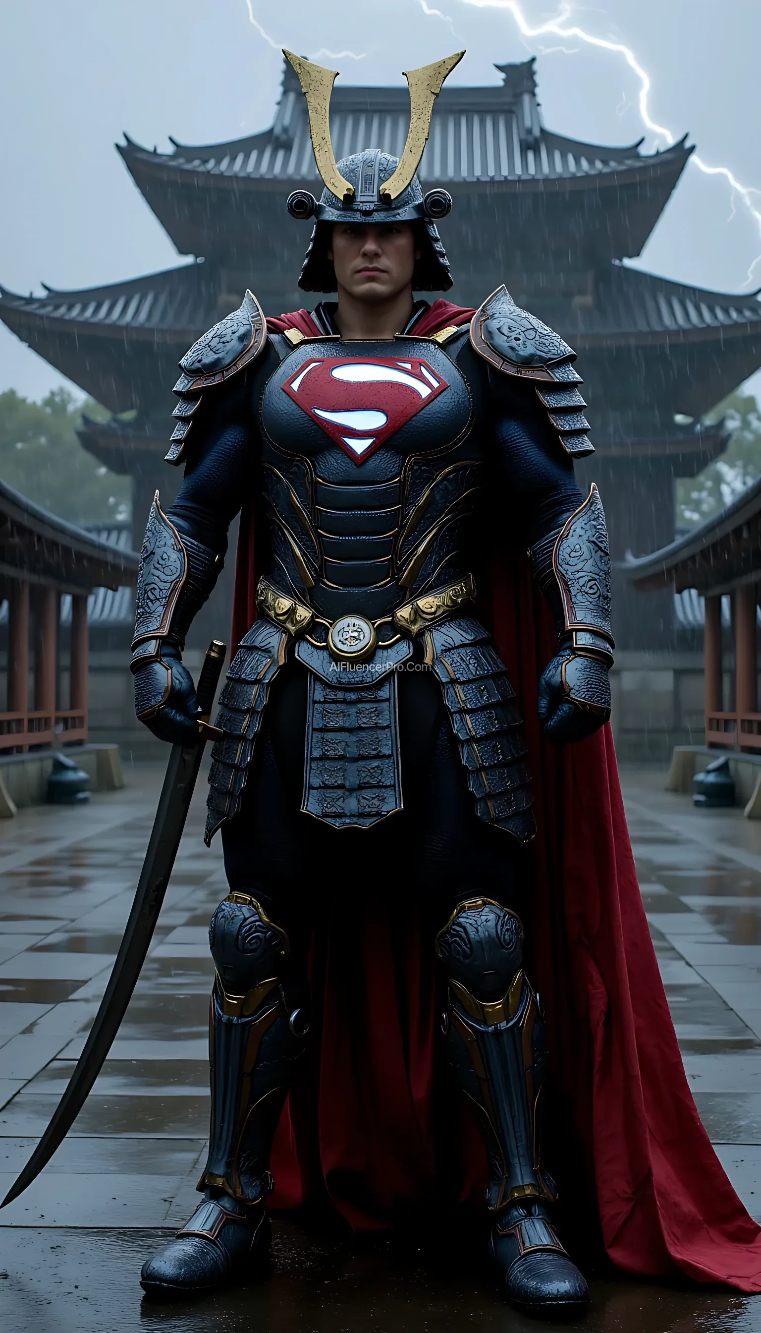 A photorealistic Superman wearing a majestic samurai-inspired suit, combining traditional Japanese armor with futuristic design. The samurai armor features intricate, metallic plating, with glowing accents that emphasize the advanced technology within. The iconic 'S' symbol is subtly integrated into the chest plate, radiating an aura of power. He wears a modernized samurai helmet, its sleek lines dripping with rain as water streams down his armor. Superman grips a katana firmly in one hand, the blade shimmering under the pouring rain, while droplets cascade from its edge. The scene is set in an ancient Japanese temple courtyard during a torrential downpour. Thunder rumbles in the distance, and flashes of lightning briefly illuminate the darkened sky. Puddles form on the stone ground, reflecting the temple's towering silhouette. Superman stands poised, his cape soaked and clinging to his body, as he prepares for an intense battle amidst the dramatic, rain-soaked atmosphere.