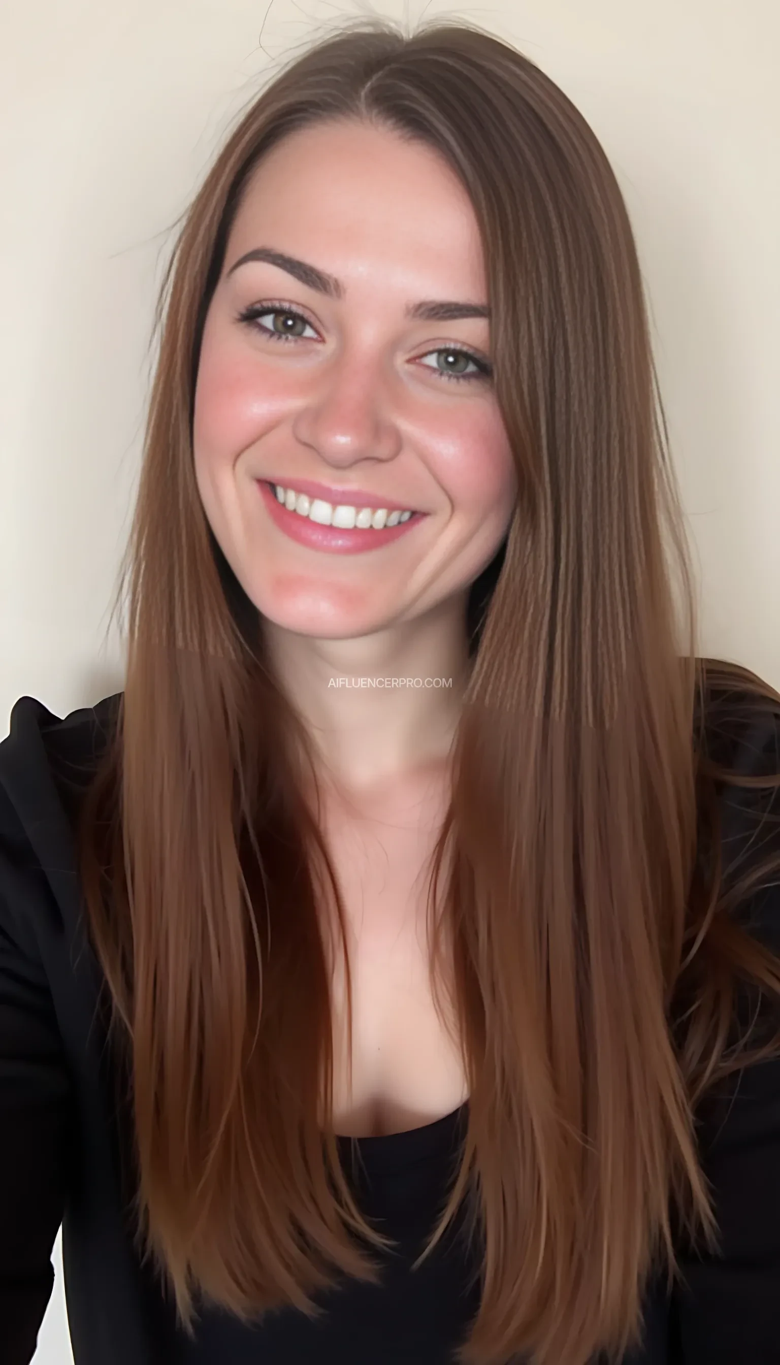 A young woman with long, straight brown hair and subtle makeup smiles gently at the camera. Her makeup features winged eyeliner and a light blush on her cheeks. She wears a black top and is positioned against a plain, light-colored background, creating a simple and clean portrait.